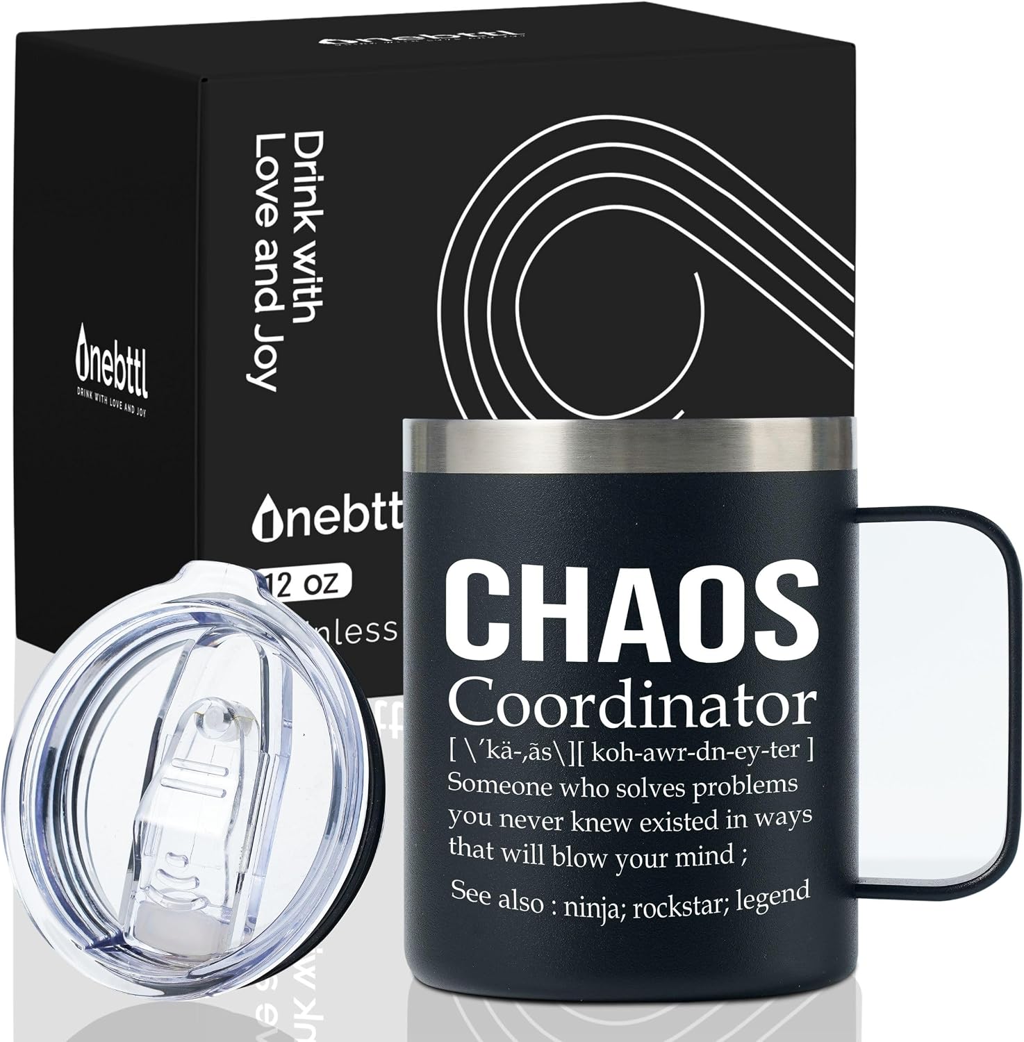 Onebttl Boss Gifts for Women Men, Chaos Coordinator Tumbler for Boss, Secretary, Manager, Coworkers, Stainless Steel Skinny Tumbler 12oz with Lid, Black