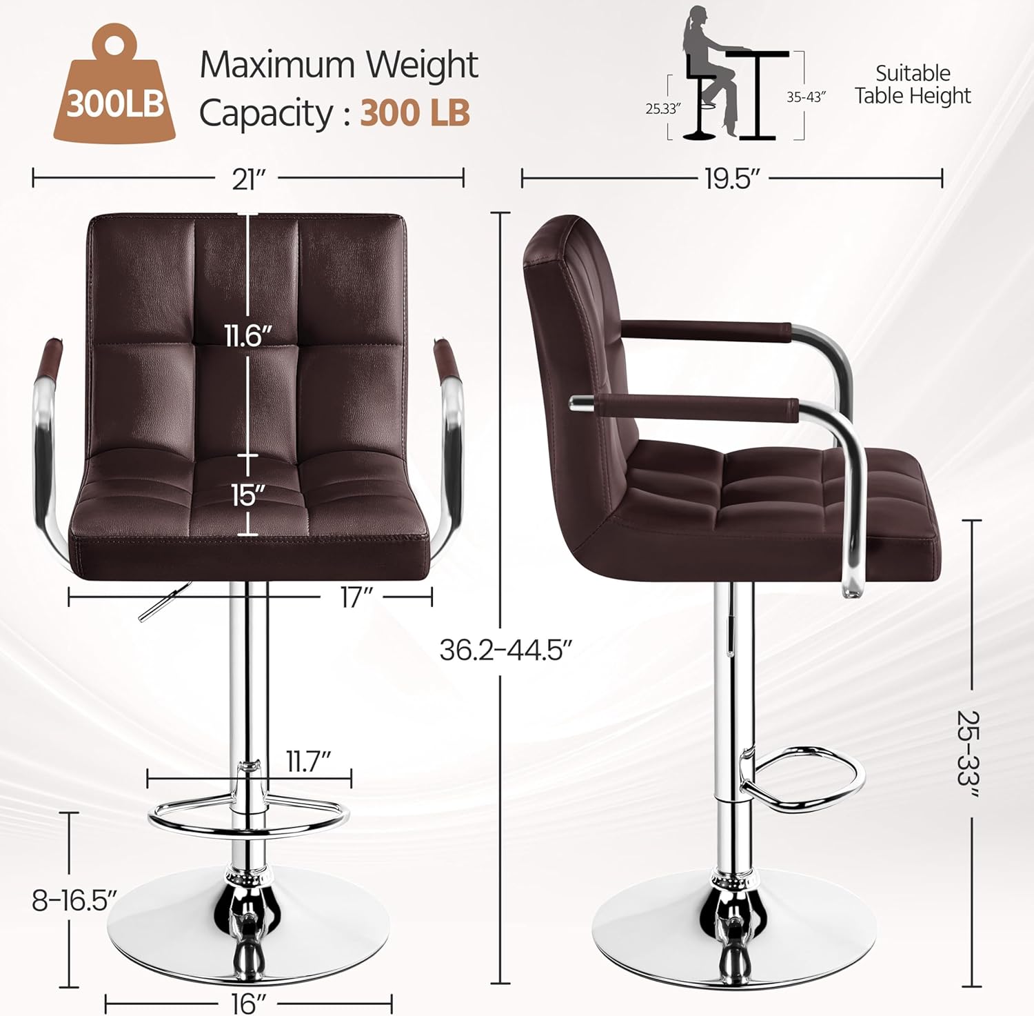 Yaheetech Bar Stools Set of 2, Adjustable PU Leather Swivel Barstools, Modern Counter Stools with Back and Footrest, Counter Height Barstools for Bar, Kitchen, Dining Room, Brown