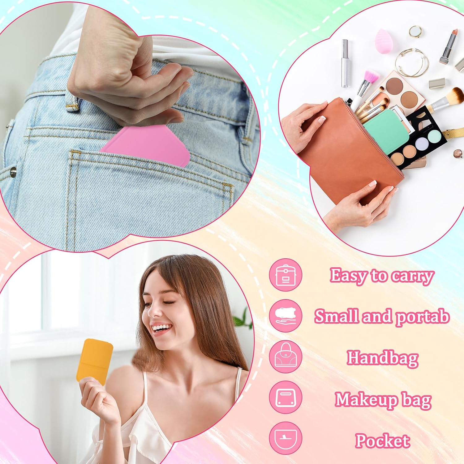12 Pcs Compact Portable Mirror Bulk Handheld Folding Pocket Makeup Mirror 4.2'' Travel Ultrathin Mirrors for Camping Home Office Sleepover Party Women Mom Party Gift (Rectangle,Macaron)