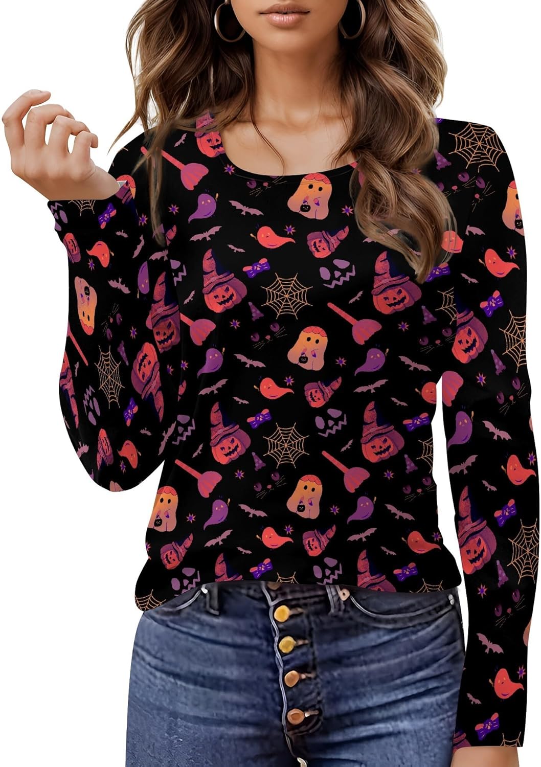 Halloween Sweatshirts For Women Cute Pullover Fall Long Sleeve Pullover U-Neck Halloween Crazy Party Club Clothes