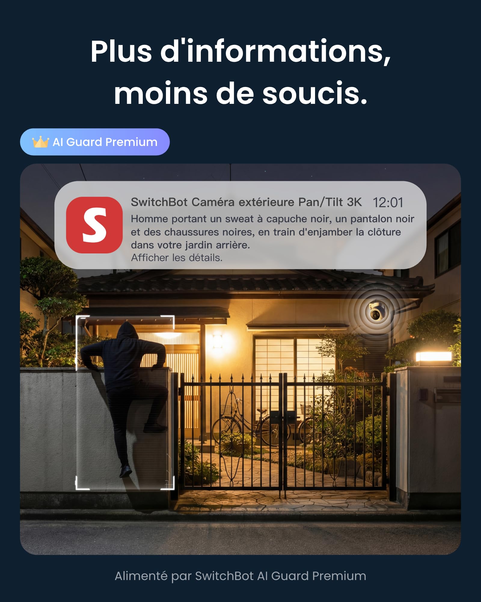 SwitchBot 3K Camera Surveillance WiFi Exterieure, avec Recherche Vidéo IA, Alertes De Scène, Rapports Quotidiens, PTZ Suivi Auto 360°, Wi-FI 2,4 Ghz, Alexa, Google Home, RTSP