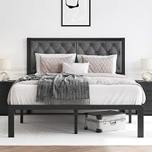 HISOFT Full Bed Frame with Upholstered Button Tufted Headboard, Bed Frame Platform Metal Slats Support, Under Bed Storage, No Box Spring Needed, Noise-Free, Easy Assembly, Grey