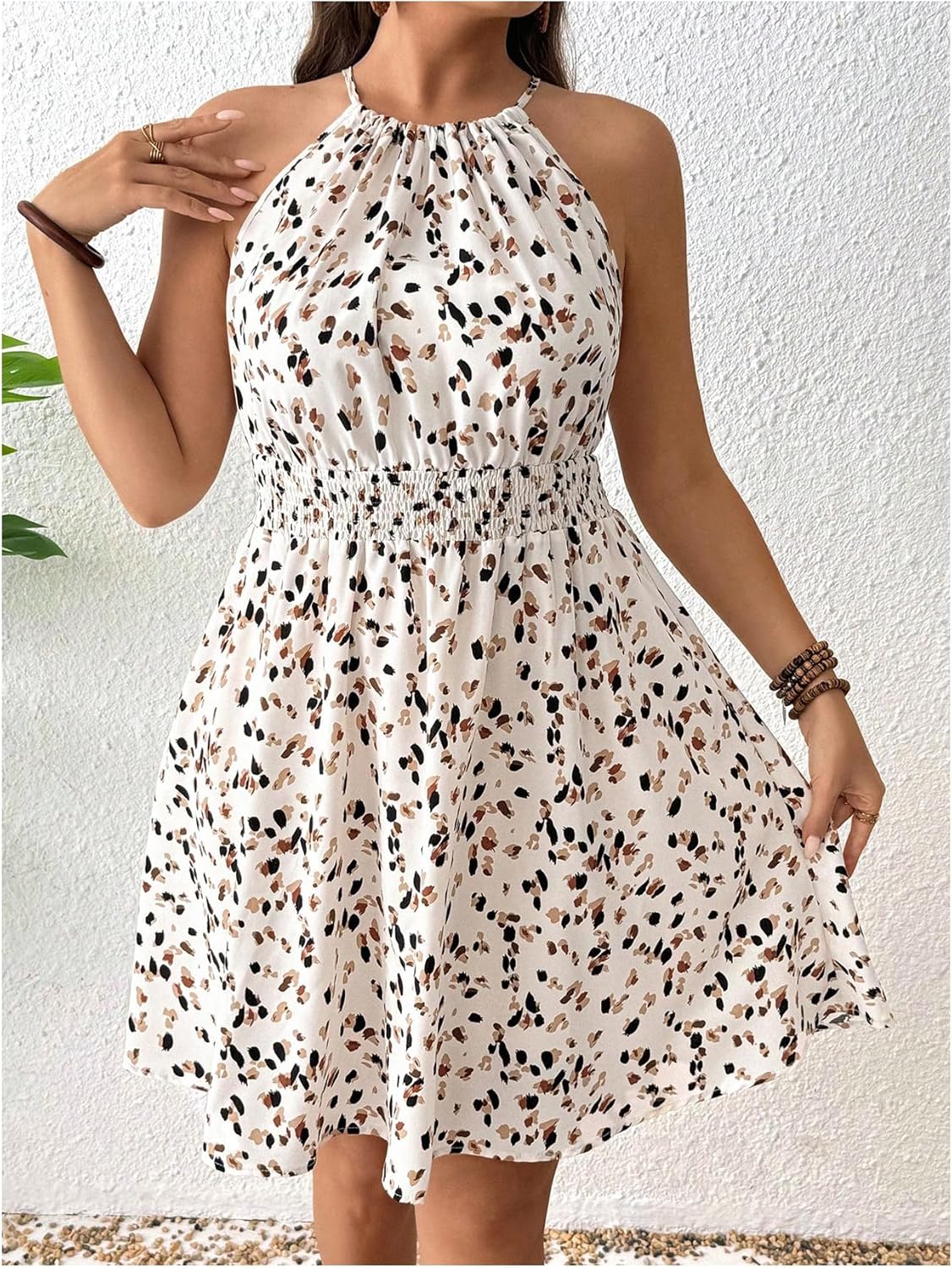 Women's Plus Size Floral Halter Dress Ruffle Boho Shirred Sleeveless Summer Vacation Ruched Flowy Dresses - Image 3