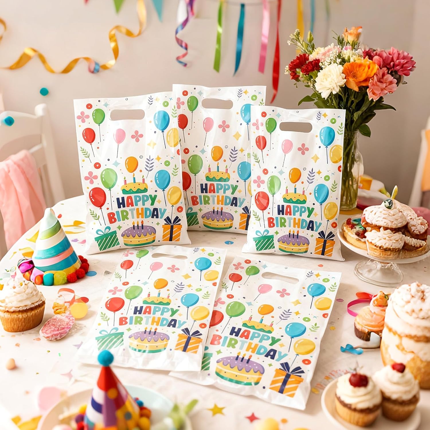 WRBAJIS Happy Birthday Cellophane Goodie Bags 50Pcs Plastic Candy Bags Colorful Treat Bags with Handles for Gift Goody Cookies Girls Boys Birthday Baby Shower Party Favors Supplies - Image 4