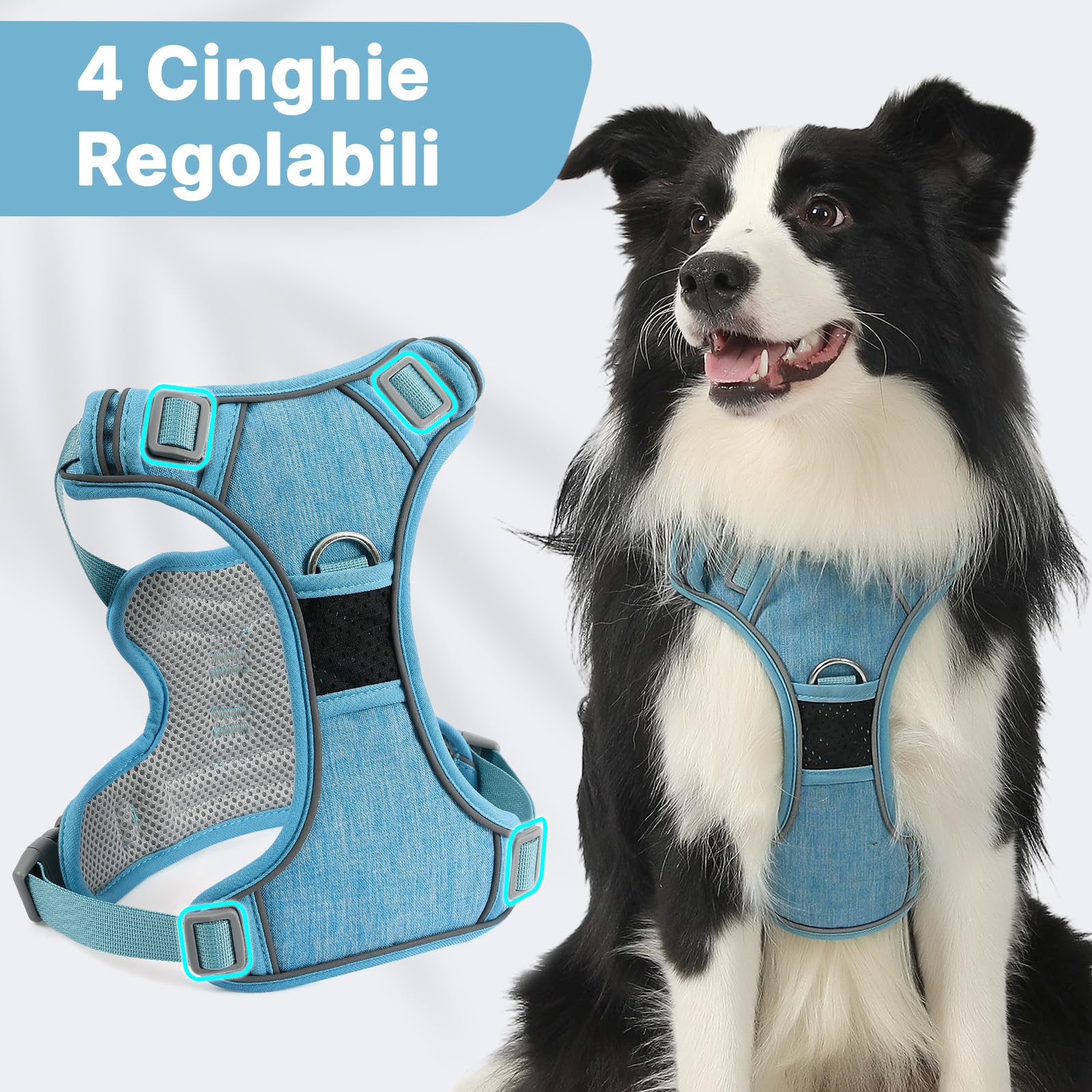 COMSLE Pettorina Cane Taglia Grande Media Piccola, Pettorina Cane ad h Riflettente, Pettorina Anti Tiro per Cani Regolabile con Doppio Anello, Imbracatura Cani Traspirante, Blu Chiaro, M