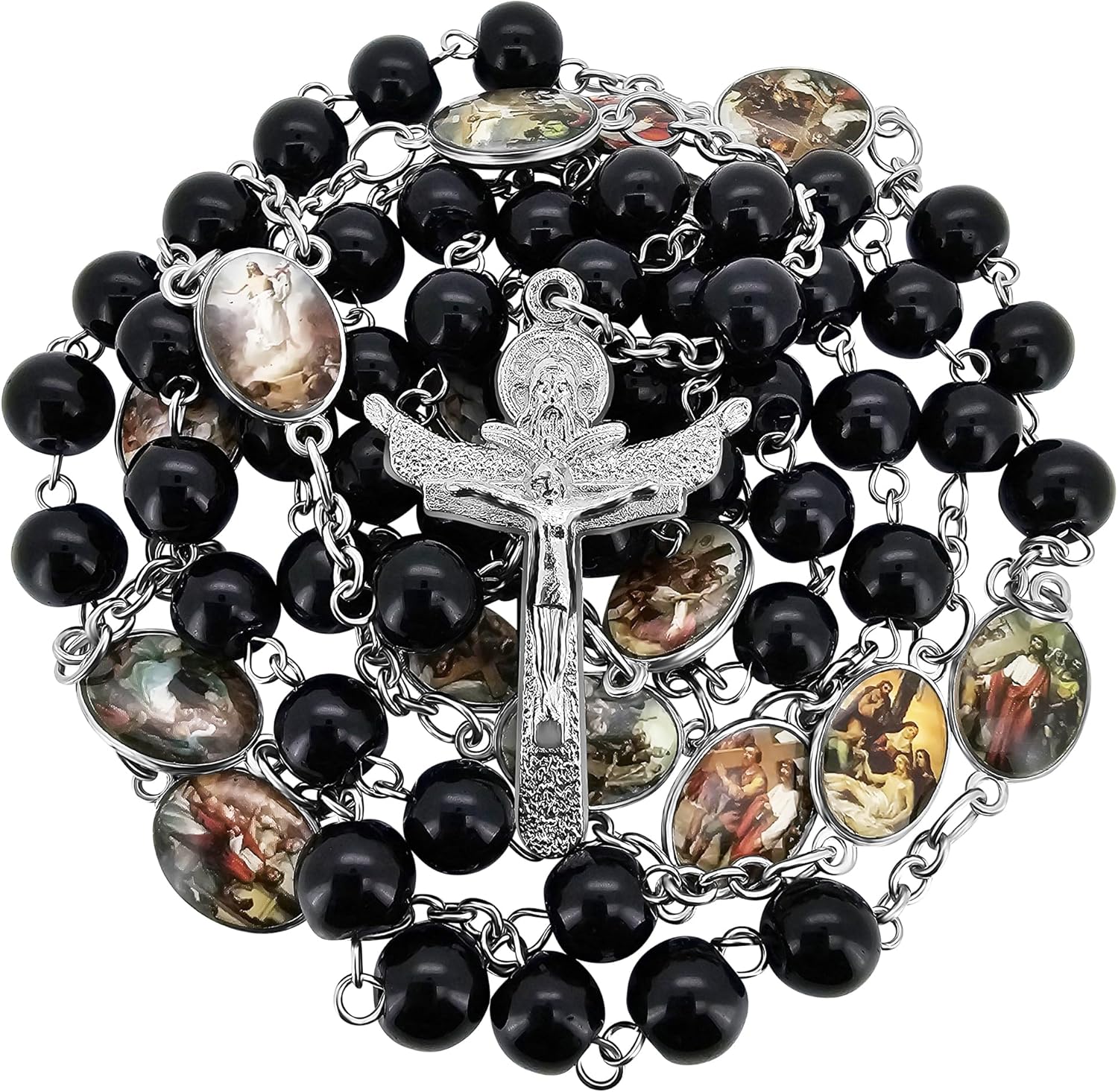 TALISMAN4U Stations of the Cross Rosary Chaplet Black Glass Beads Catholic Necklace for Men Women Holy Trinity Crucifix Cross Religious Gift Jewelry with Rosary Box & Prayer Booklet
