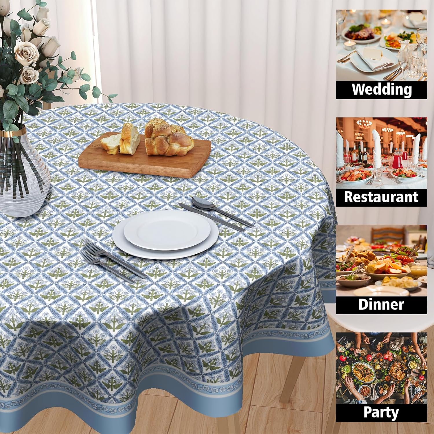 Blue and Green Tablecloth Round Tablecloth Boho Blue Flowers Table Cloth 60 Inch French Blue Block Print Table Cover Bohemian Tablecover Reusable Polyester for Kitchen Dining Home Outdoor Decor - Image 4