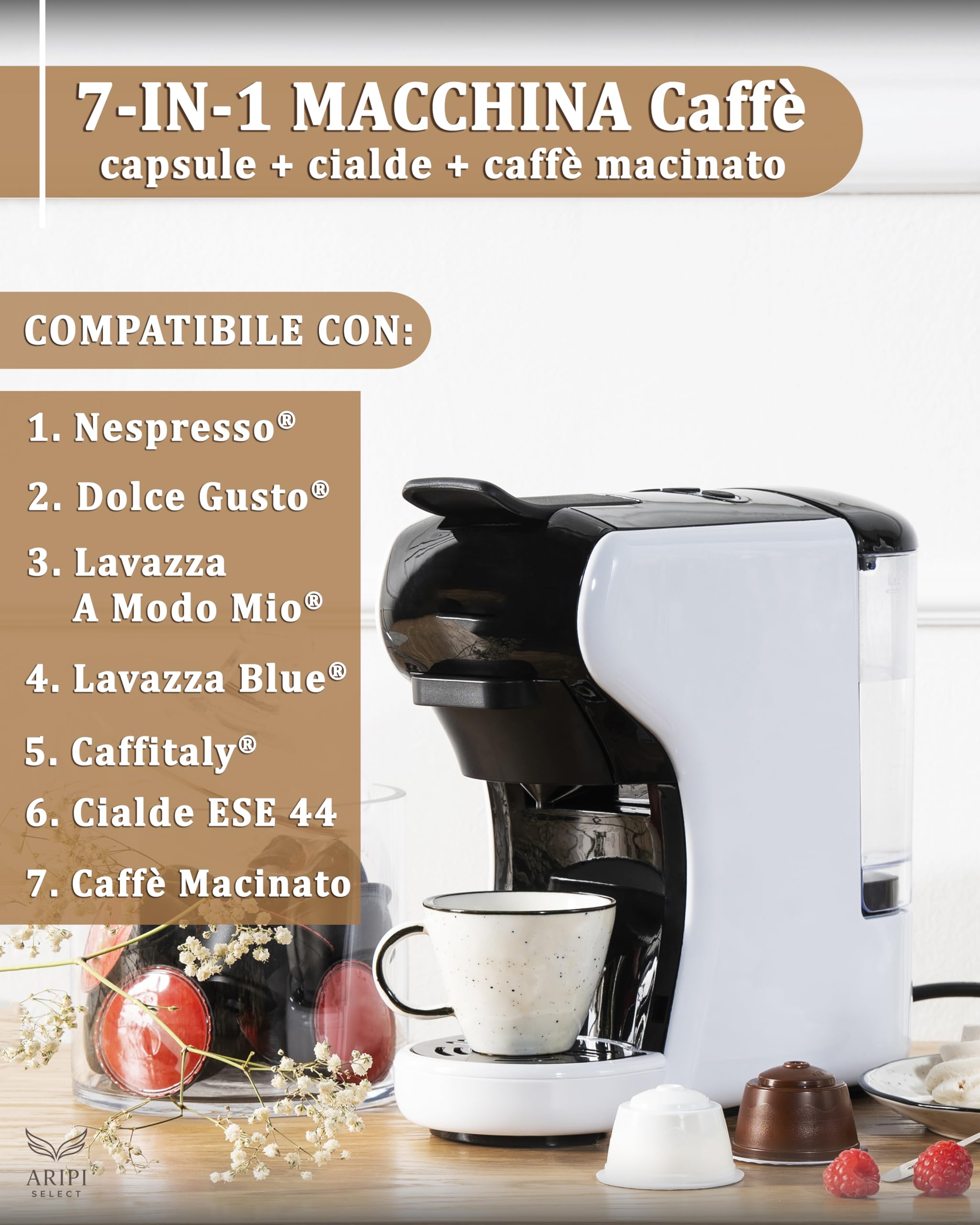 Macchina Caffè CIALDE e CAPSULE 7 in 1 Camry – Compatibile capsule Nespresso, Lavazza A Modo Mio, Dolce Gusto, Caffè Cialde ESE 44, Lavazza Blue, Caffitaly, Caffè Macinato – Kit con 10 Capsule Omaggio