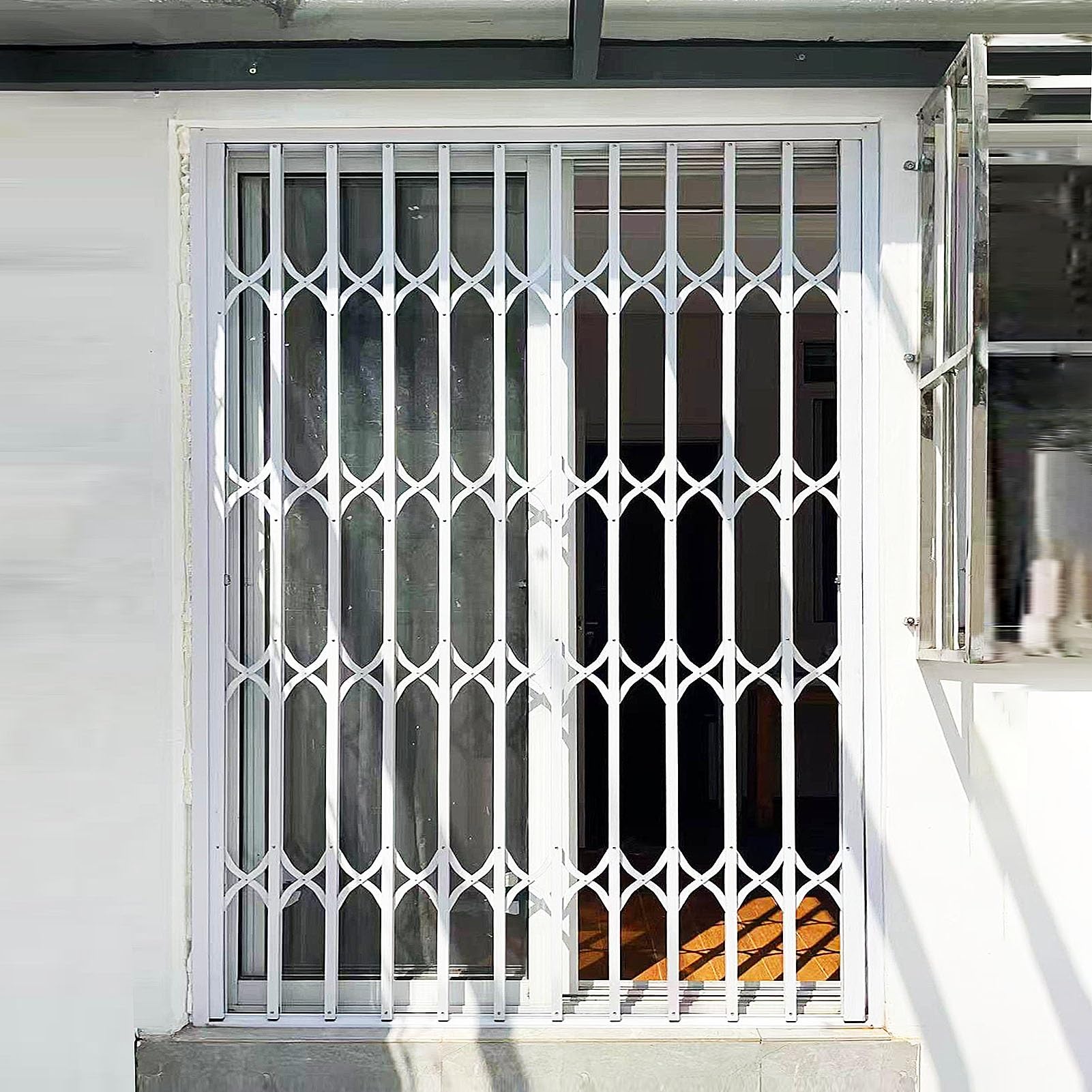 Barra de seguridad para puerta extensible personalizable, puerta antirrobo de metal blanco para niños y mascotas, plegable, con bloqueo, 100 x 90 cm (ancho x alto)