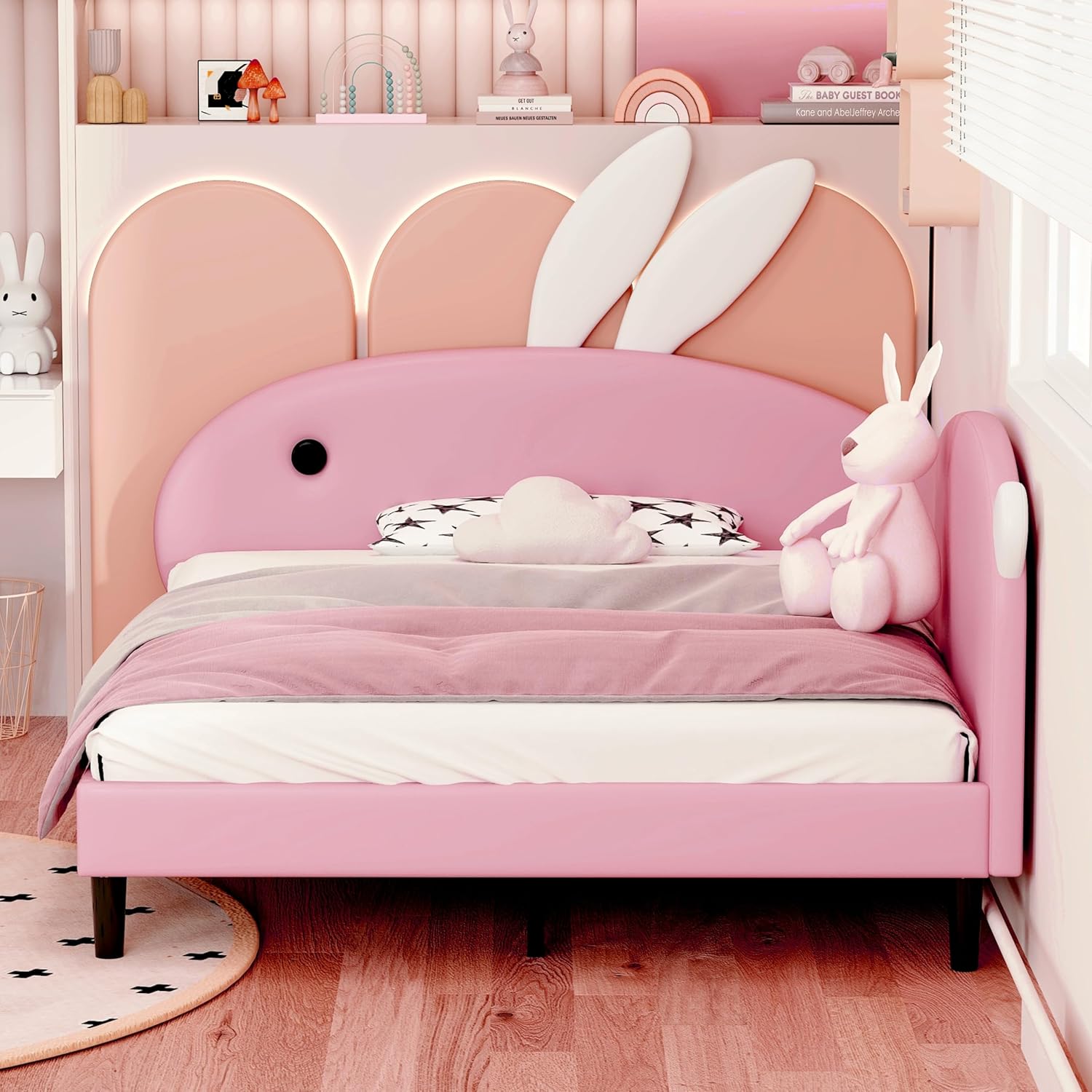 Upholstered Daybed Full Size with Rabbit Ear Headboard, Multi-Function Sofa Bed for Girls Boys, No Box Spring Needed (Pink, Full)