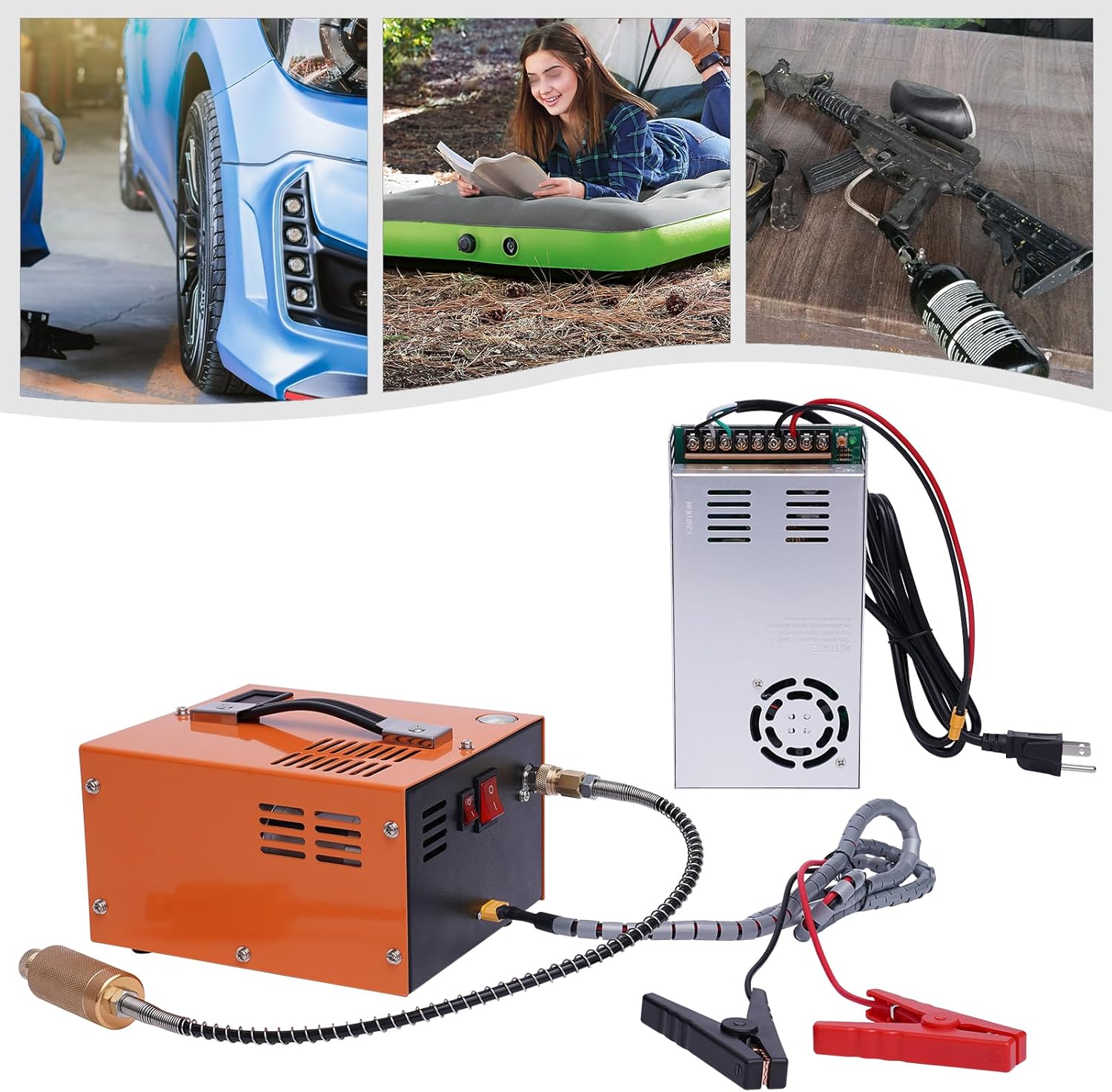 PCP Airgun Compressor,4500PSI Portable PCP Air Compressor,High Pressure Air Pump w/Transformer,Powered by Car 12V DC or Home 110V AC,Built-in Fan for Manual-Stop Air Rifle,Paintball,Scuba Tank 300W