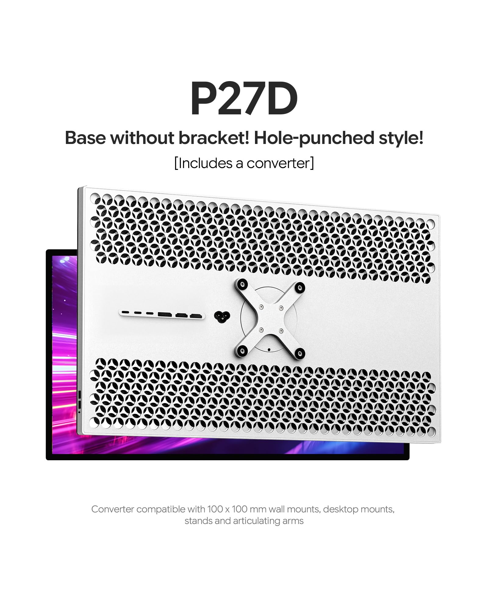 P27D 27'' 4K Monitor, 144HZ, 3840x2160 Honeycomb sin Soporte | Panel IPS, 99% sRGB, 500 cd/m² Brillo, USB-C 100W Carga, Altura Regulable – Pantalla para Gaming y Oficina
