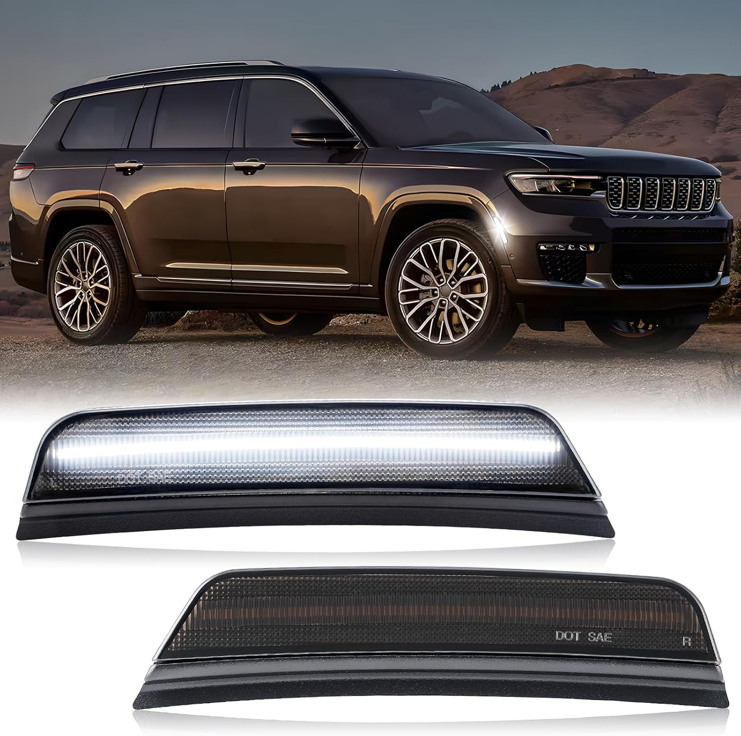 LED Side Marker Lights Compatible with 2021-2025 Grand Cherokee All Models, Front Bumper Clearance Light Parking Light, High Power SMD LED White Light, Smoked Len