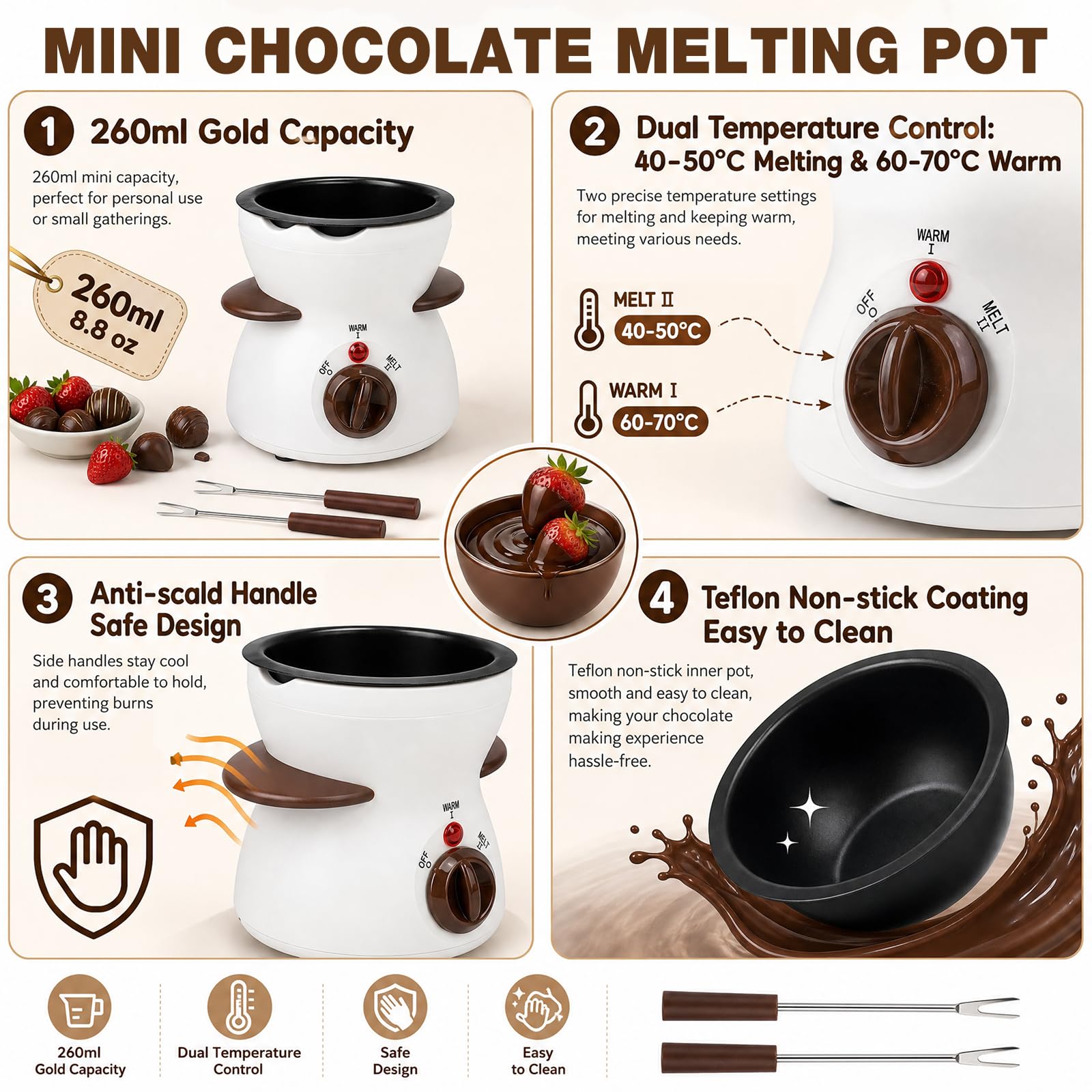 Fondue de chocolate eléctrico de 300 ml, derretidor de chocolate con 8 tenedores de acero inoxidable, juego de fondue para derretir chocolate y cobertura, regulador de temperatura para postres