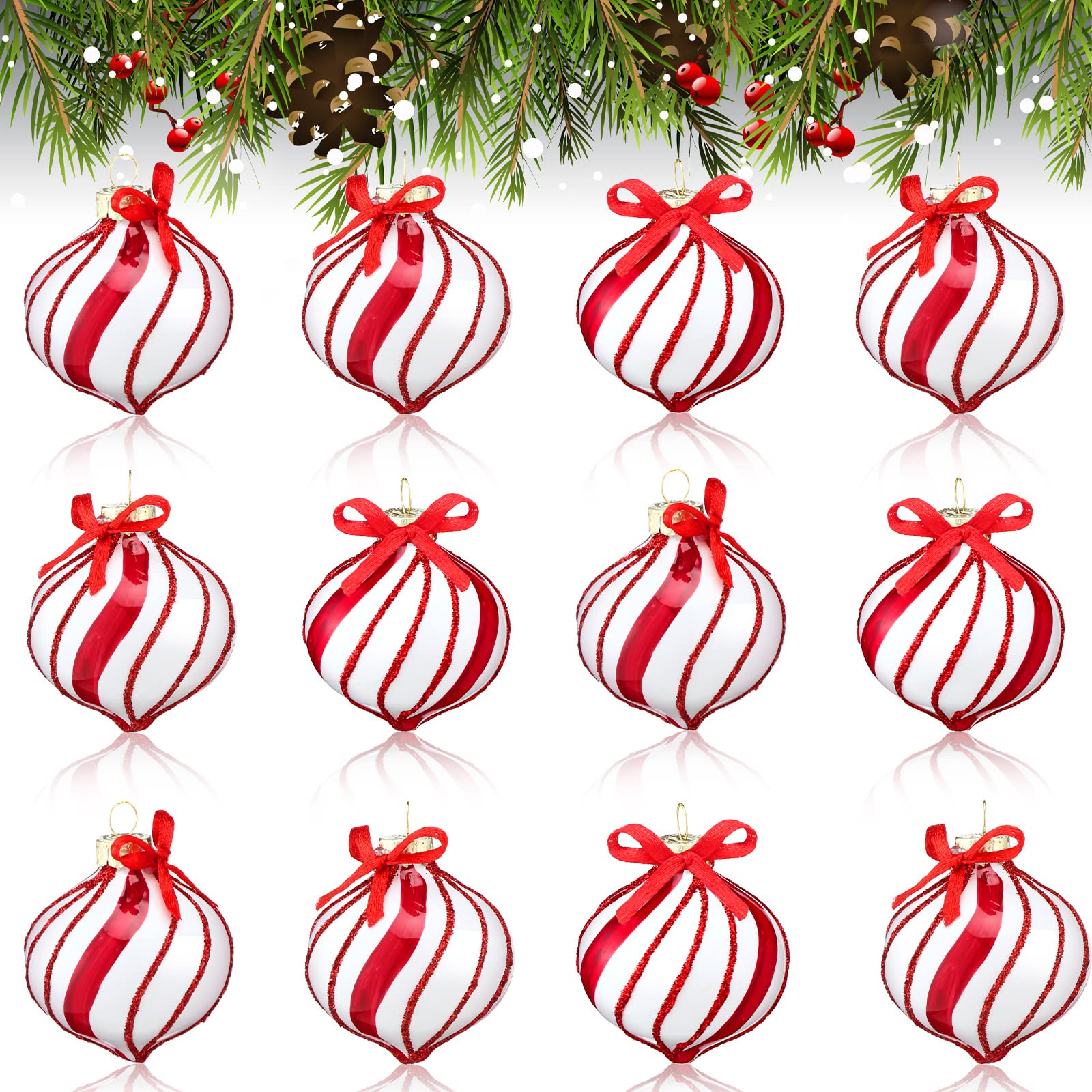 Hoolerry 12 Pieces Peppermint Candy Christmas Tree Ornaments Peppermint Candy Ornament Striped Candy Hanging Ornaments Peppermint Tree Decorations for Indoor or Outdoor Christmas Tree Decor (Red)
