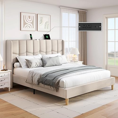 Queen Upholstered Platform Bed Frame with Linen Headboard & Wing Side, Built-in Charging Station, Wooden Slat Support, Mattress Foundation, No Box Spring Needed, Beige
