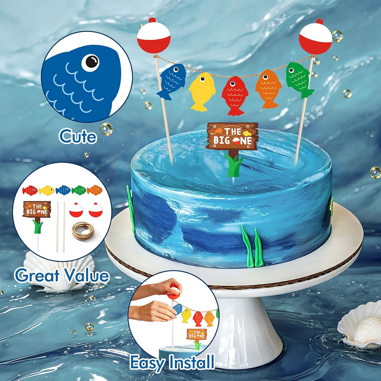 The Big One Cake Topper for Baby 1st Birthday, Ofishally One Decorations Fishing Theme Party Supplies with Fish Banner & Bobber Decor for Boys and Girls