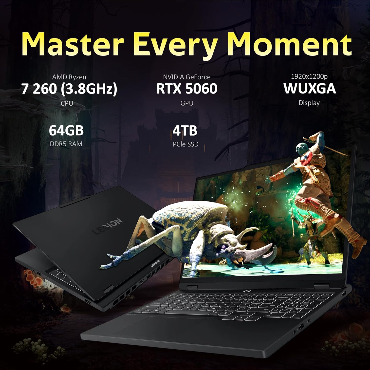 Lenovo Legion 5 15.3" WUXGA 165Hz Gaming Laptop, AMD Ryzen 7 260, GeForce RTX 5060, 64GB DDR5, 5TB Storage (4TB SSD+1TB Docking Station Set), Backlit Keyboard, HD Camera, Wi-Fi 6, Win 11 Pro, Black