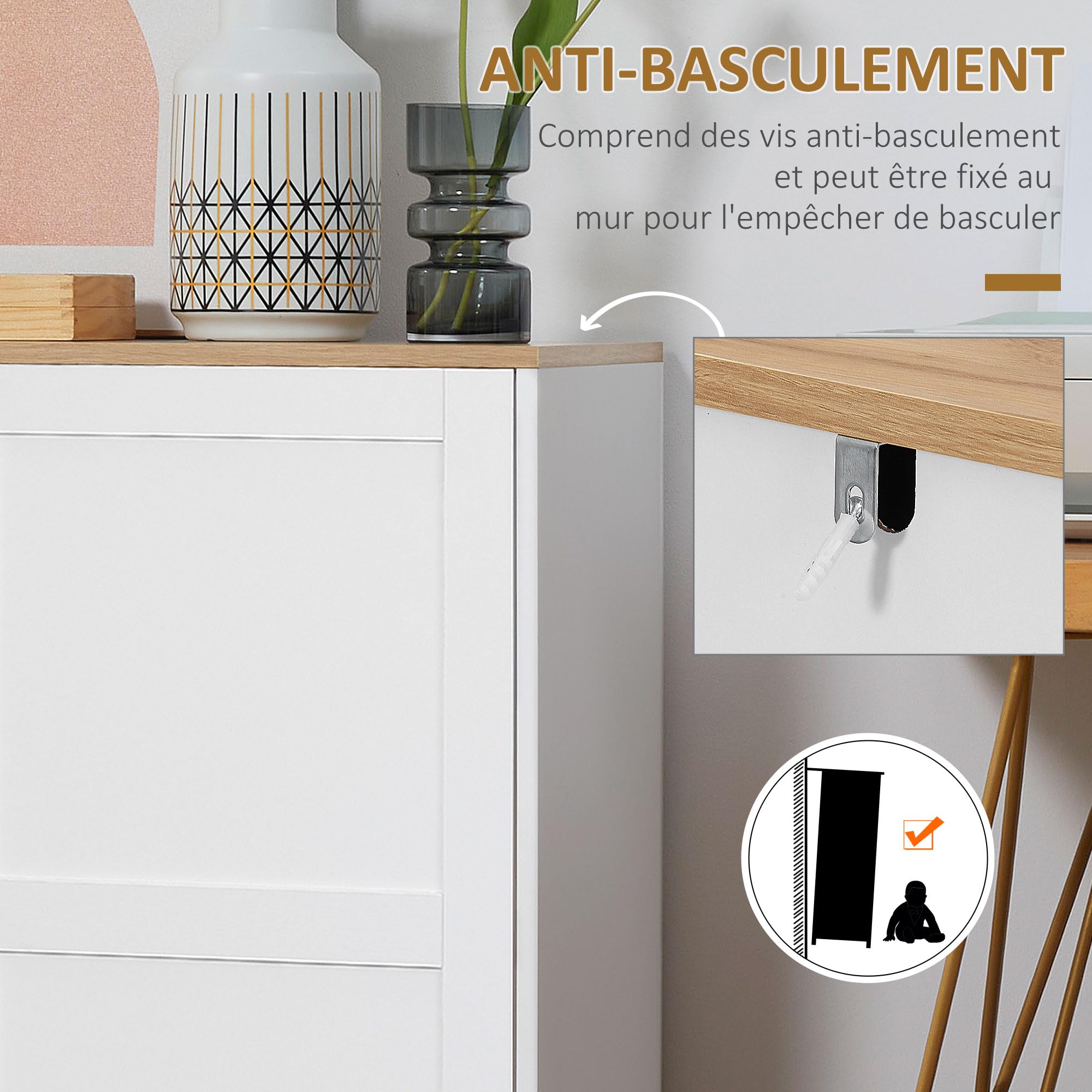 HOMCOM Armoire Meuble de Rangement Blanc et Aspect Bois 90 x 39,5 x 88 cm