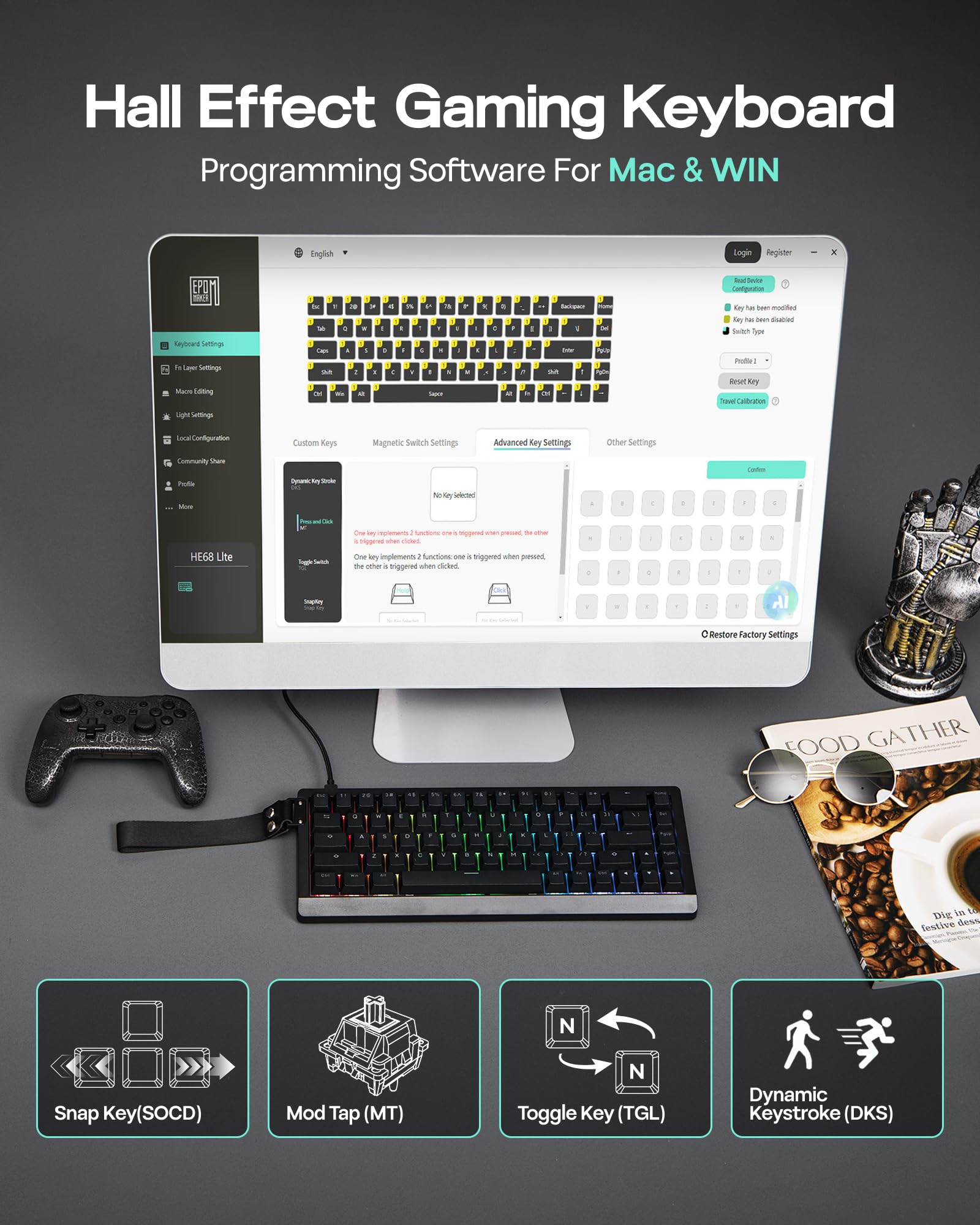 EPOMAKER HE68 Lite Teclado para Juegos con Cable con Hall Effect, Sondeo de 8000Hz y Escaneo de 128000Hz, Activación Ajustable, Latencia de 0,125ms, Amortiguación Acústica, Snap Key, A-RGB (Negro)