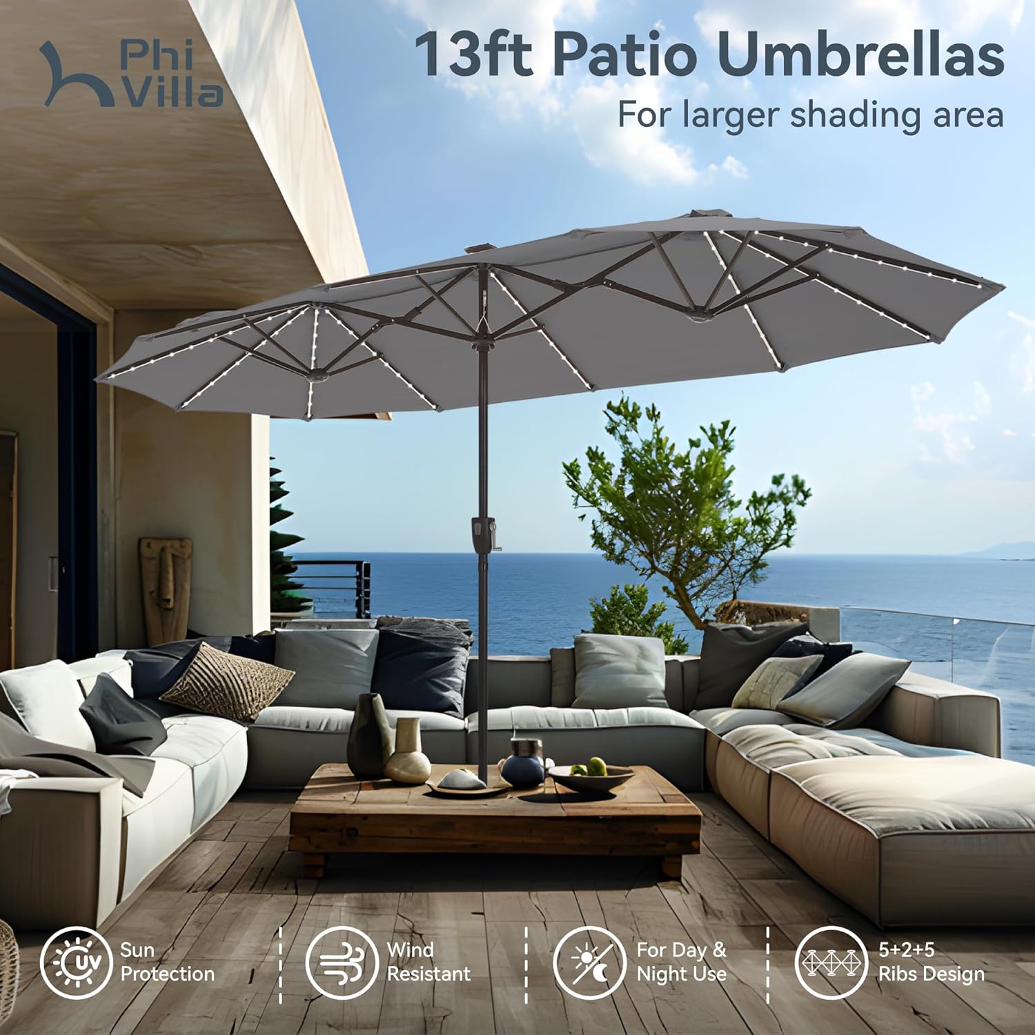 PHI VILLA 13ft Patio Umbrella with Solar-Powered 120 PCS LED Color-Changing Lights, Triple-Head Large Rectangle Umbrella Outdoor Patio for Table with Crank Lift,Grey(No Base)