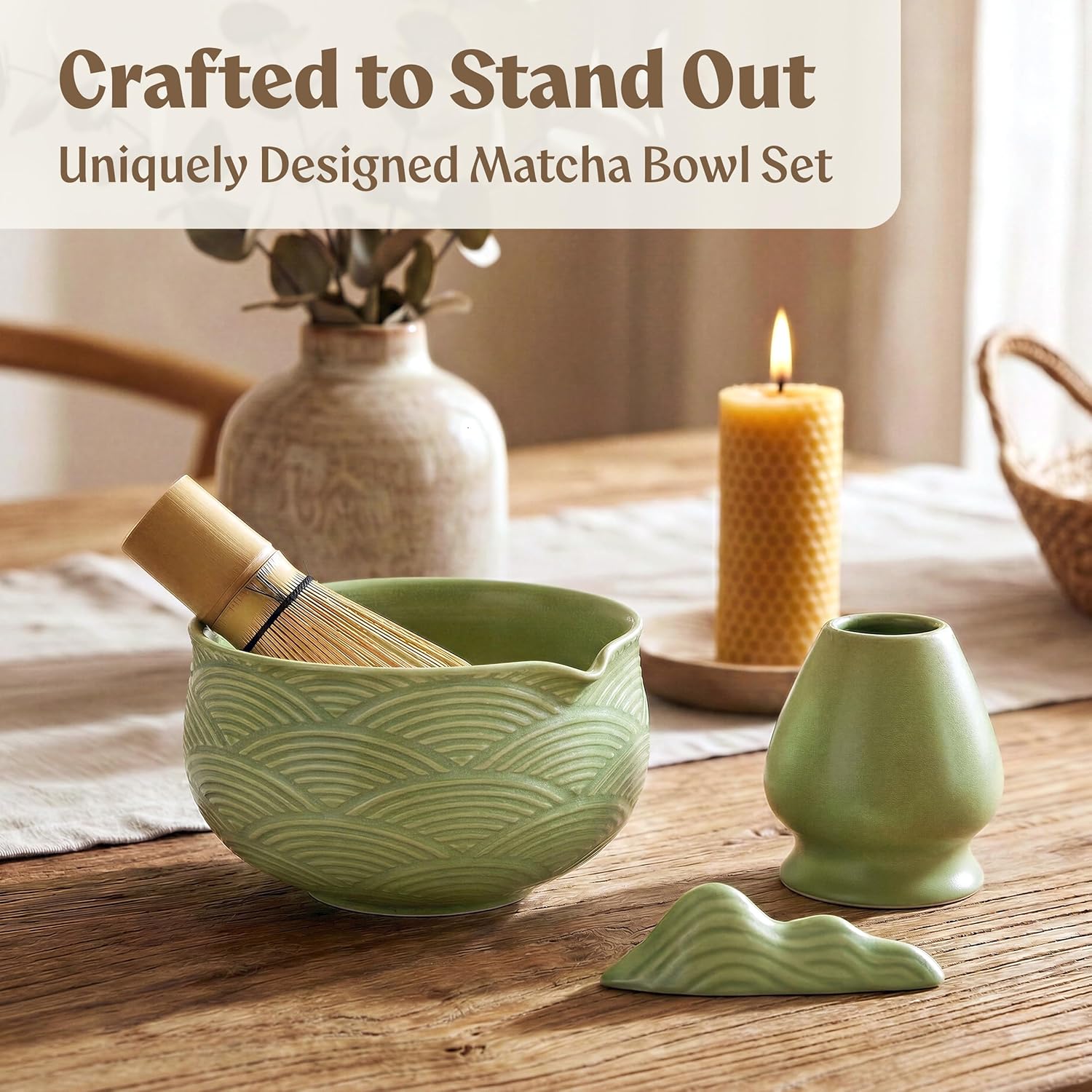 Matcha Kit Whisk Set (7 Pcs) - Complete Matcha Set, Matcha Bowl with Spout, Whisk with Holder, Bamboo Scoop with Rest and Sifter, Perfect Kit for Matcha Lovers (Green Mist) - Image 2