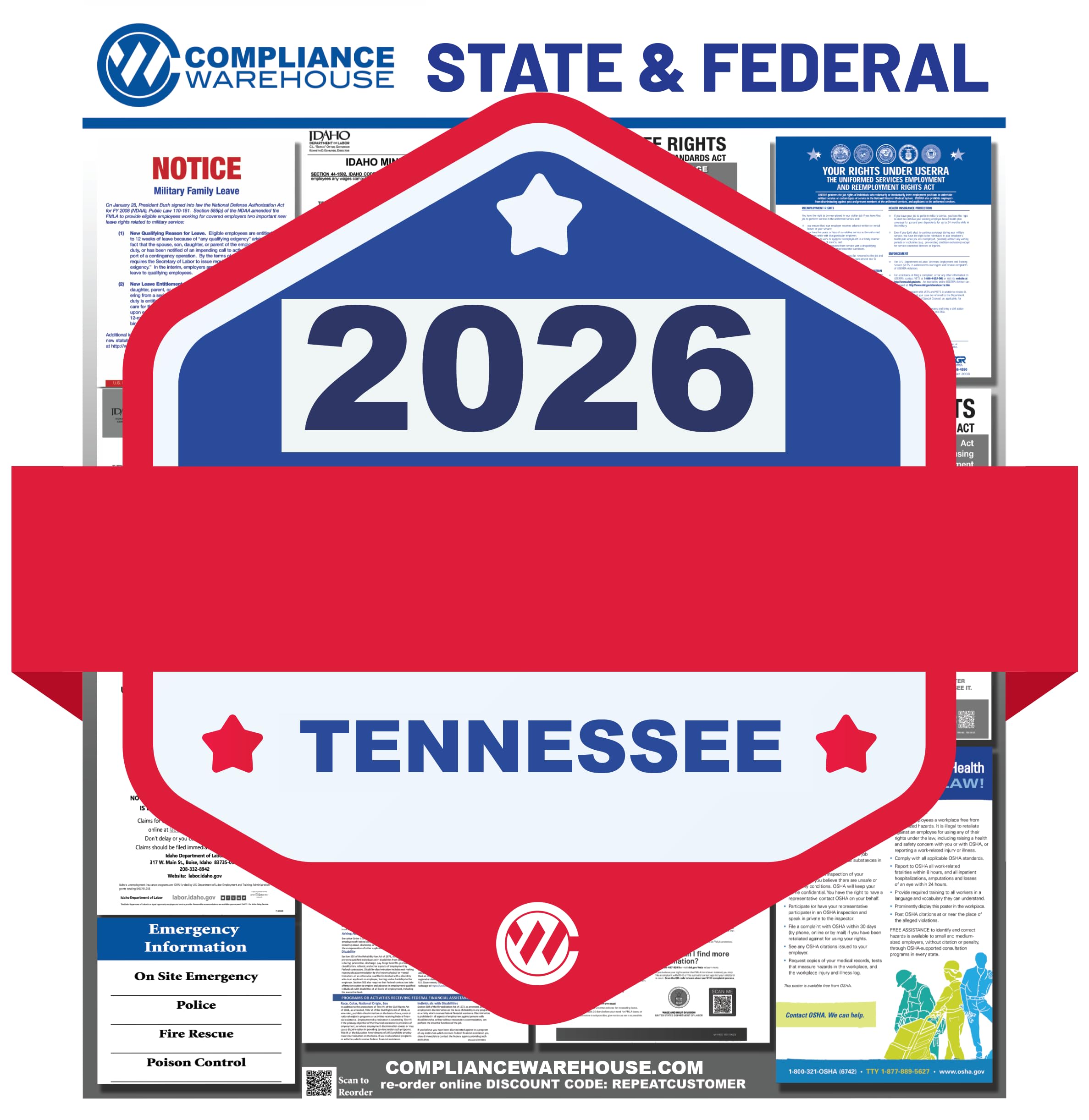 2026 Tennessee TN State and Federal Labor Law Poster for Workplace Compliance, Non-Laminated