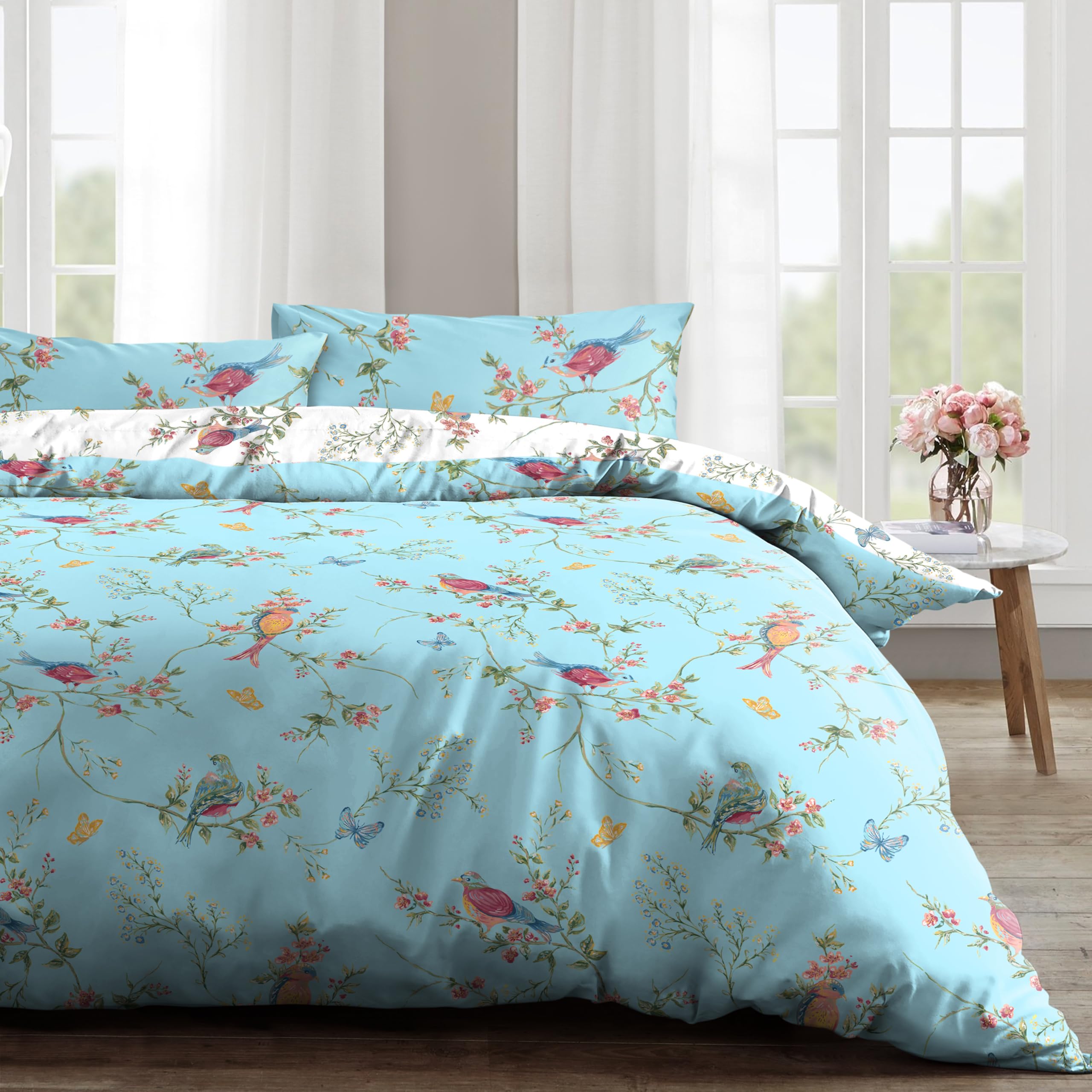 Velosso Birds Floral Super King Duvet Cover & Pillowcase Set - Duck Egg Blue Cotton Rich