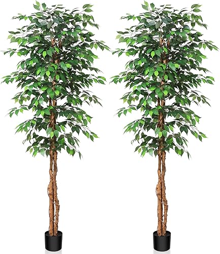 SOGUYI Árbol de ficus artificial de 7 pies con tronco de madera natural, árbol de ficus falso de seda en maceta de plástico para guardería, planta
