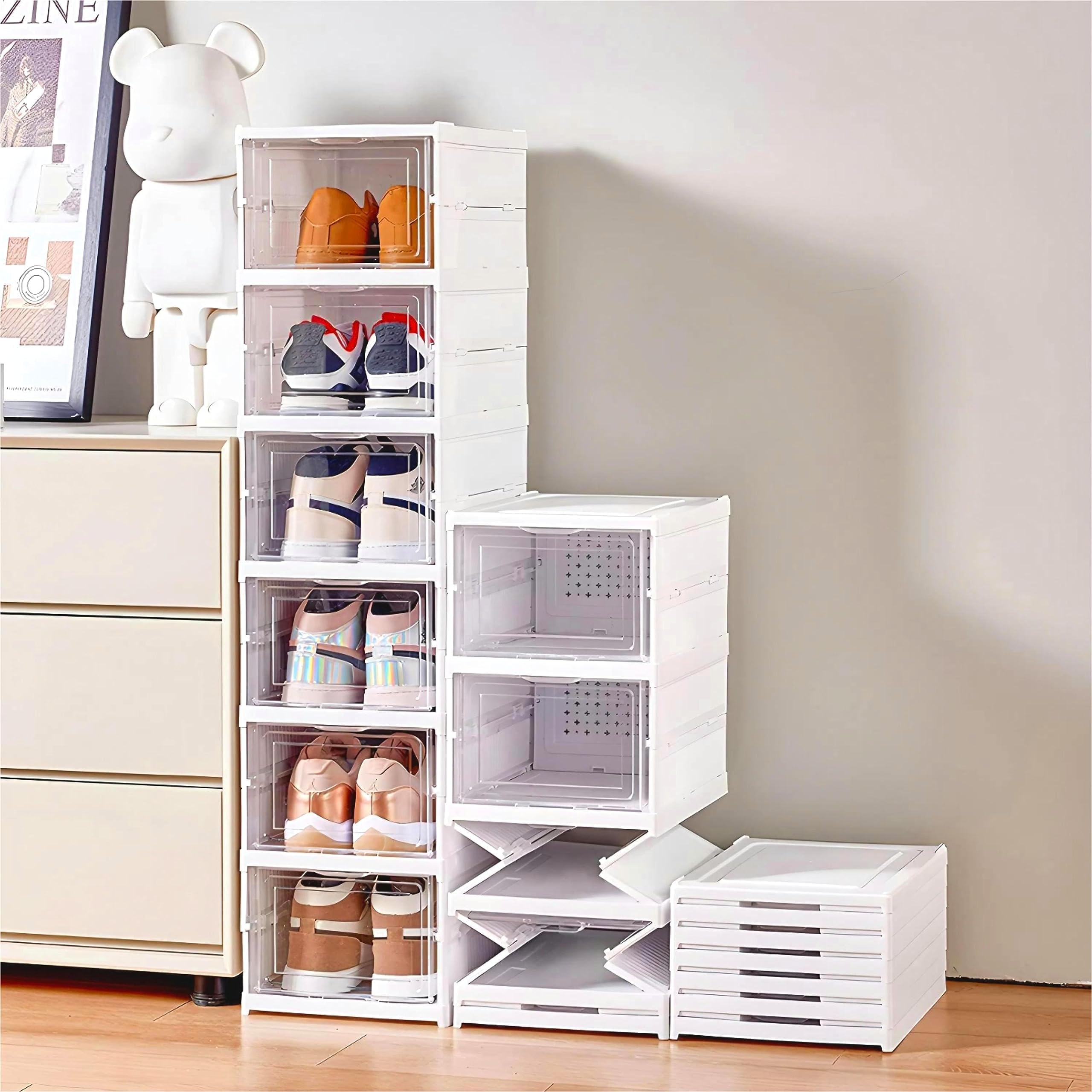 GUDEMAY Boîte à Chaussures Transparente avec Couvercle | Lot de 6 | Boîtes de Rangement pour Chaussures Empilable | Étagère à Chaussures Pliable | Ranger et Protéger Vos Chaussures | Blanc