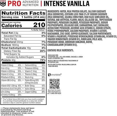 Miniatura 2 de Muscle Milk Pro Advanced Nutrition Batido de proteínas, vainilla intensa, botella de 14 onzas líquidas, paquete de 12, 1.41 oz de proteína, 0.04 oz