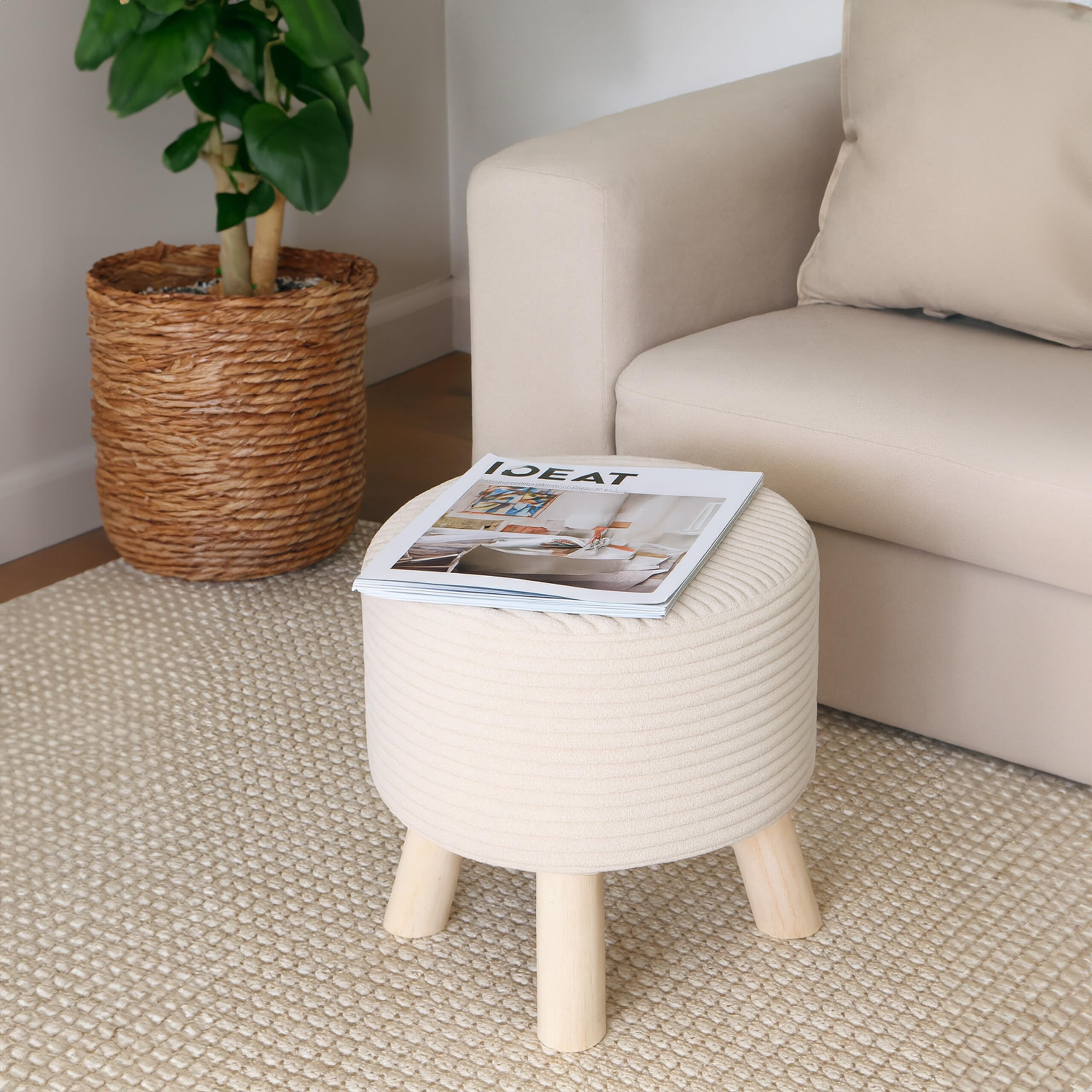 Taburete Relaxdays Cord, Patas de Madera, tapizado, 30 x 30 cm, Redondo, Asiento, reposapiés, salón, Beige/Natural