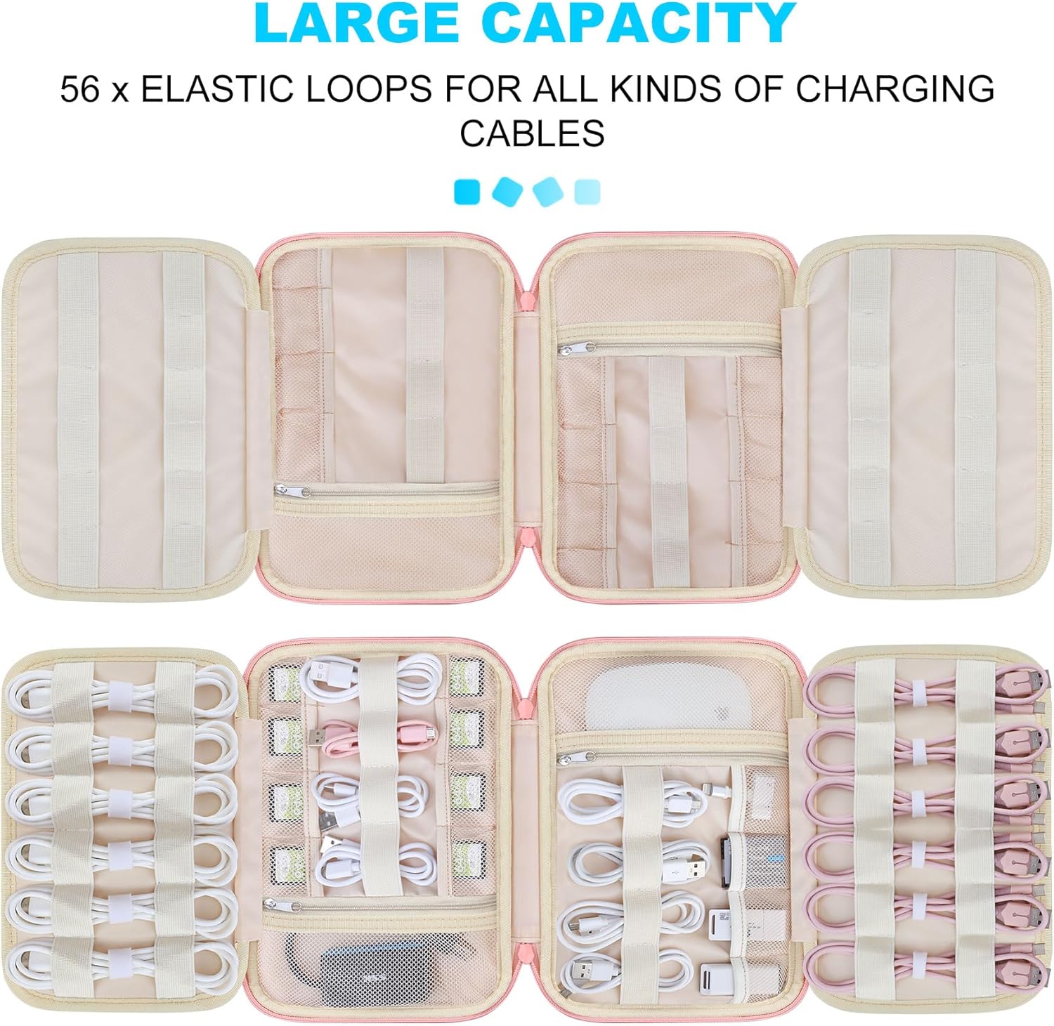Lacdo Cord Organizer Travel, Cable Organizer Bag Case, Portable Electronics Organizer Travel Case, 6 Layer Large Capacity Charging Cords Storage organizer for Cables, SD Card, Travel Essentials, Pink