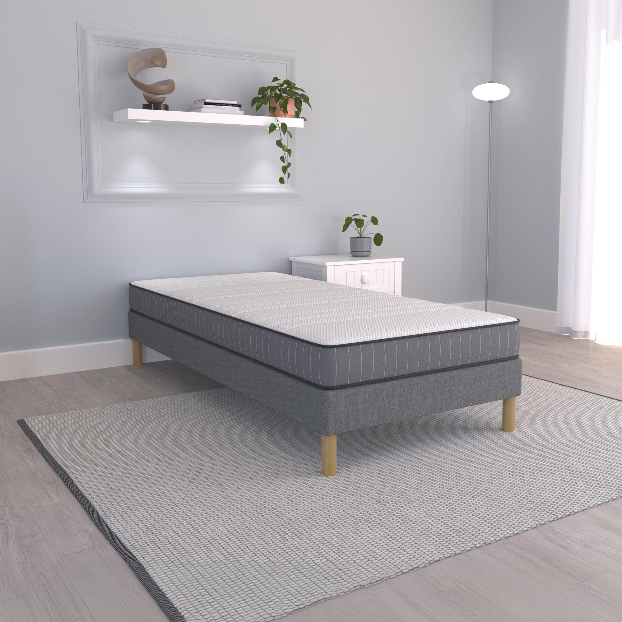 Mobilier-Deco Spring - Sommier tapissier Tissu Gris piètement en Bois 80x200 cm