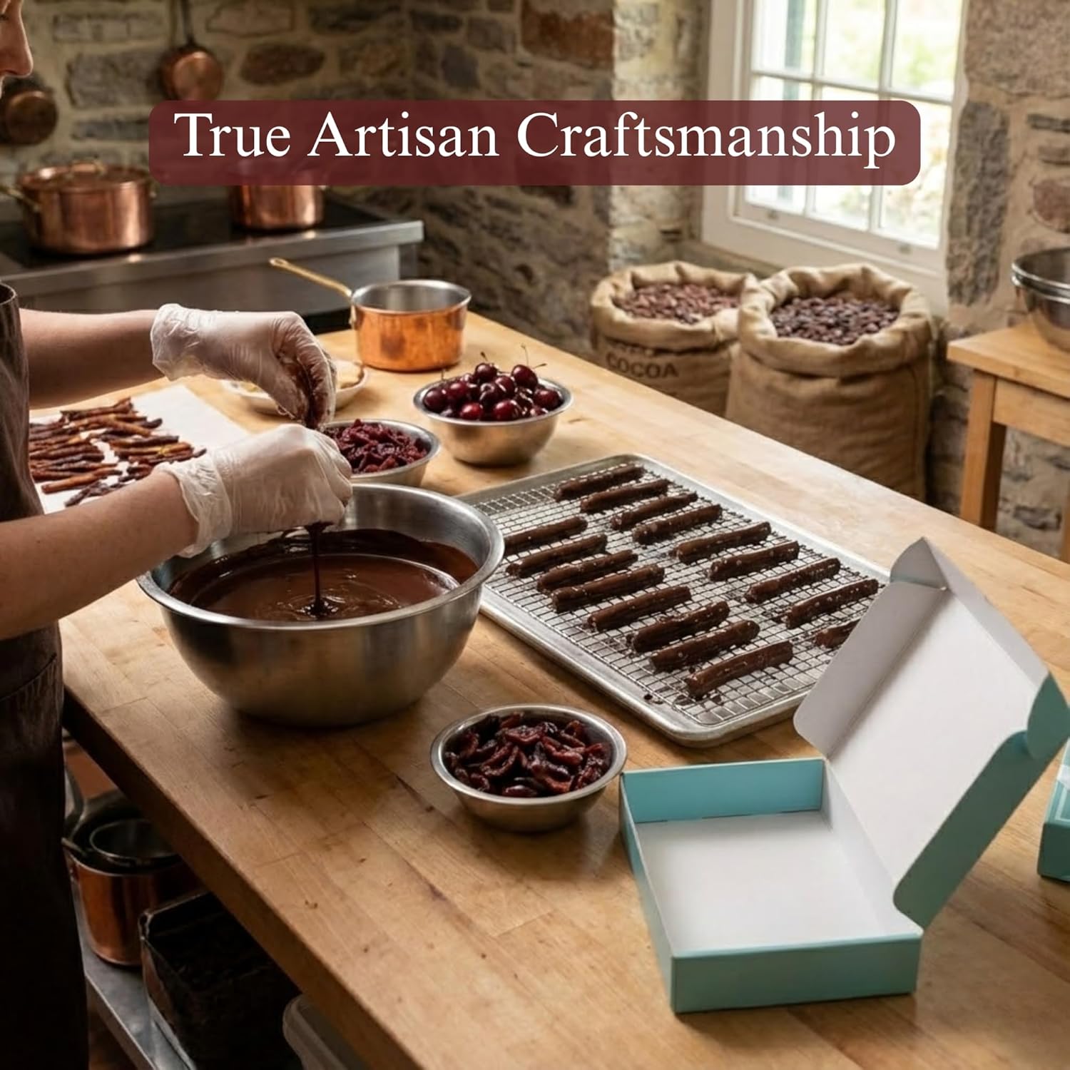Andy Anand Dark Chocolate Cherry Sticks - 105 Pieces, 1 lb Gift Box, 60% Cacao Handcrafted Gourmet Chocolate with Real Cherry Center, Bite-Size Truffle Bars
