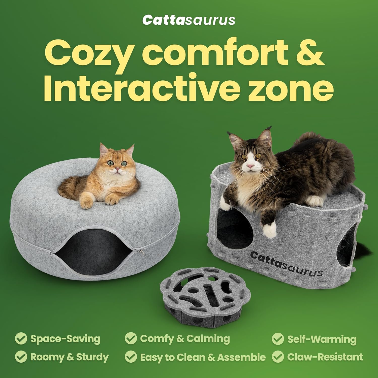 Cattasaurus 3-in-1 Cat Furniture Bundle - Peekaboo Cat Bed Cave, Claw-Resistant Bunk Bed & Interactive Play Box for Indoor Cats (Light Gray)