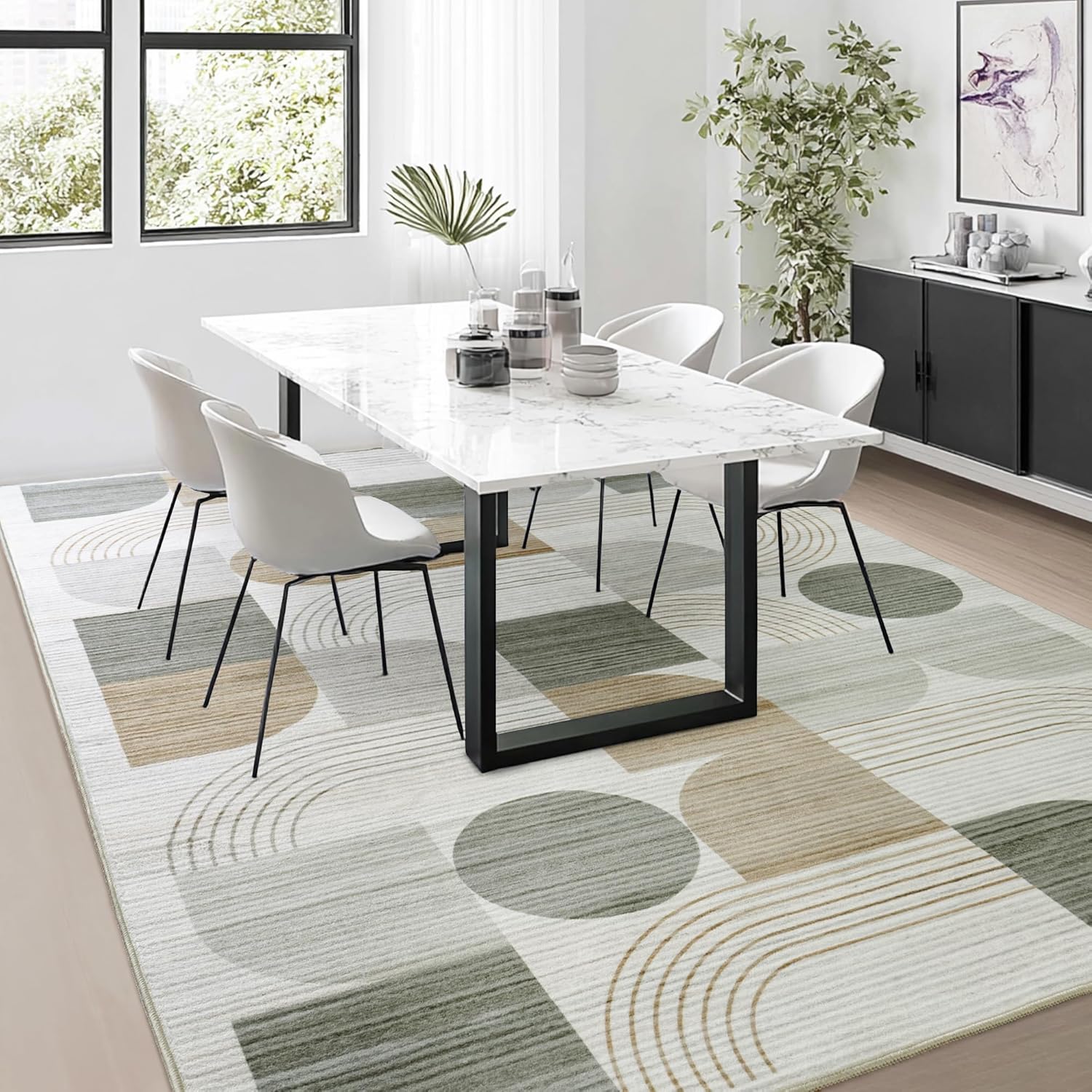 Large Machine Washable 9x12 Area Rug, Soft Modern Geometric Abstract Beige Rugs for Bedroom Living Room, Non-Shedding Faux Wool Indoor Throw Floor Carpet for Office Entryway Dining Room Decor