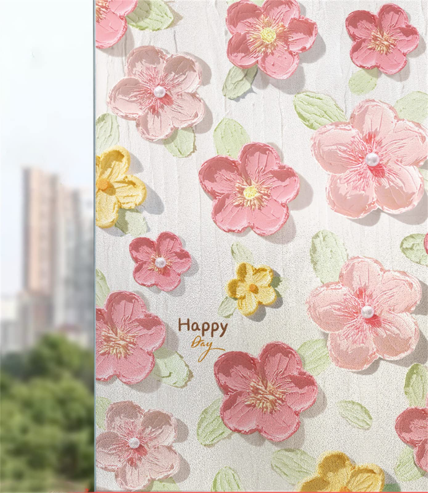 Fensterfolie 90 x 200 cm Fensterfolie Sichtschutz Selbsthaftend Rückstandslose Rosa gelbe Blumen 3D Dekofolie Statisch Anti-UV für Badezimmer Schlafzimmer Küche Büro Wohnzimmer