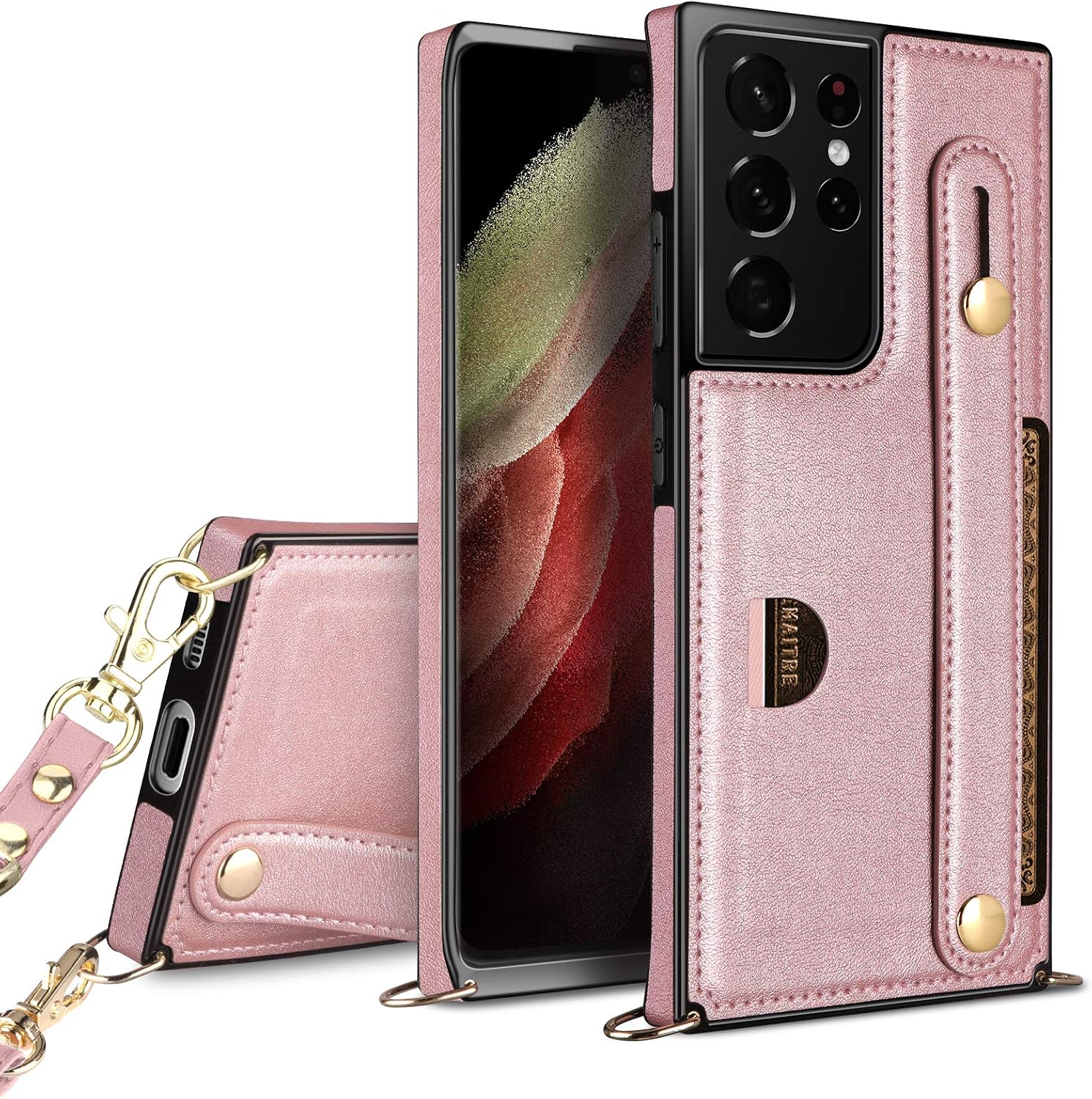 HianDier Compatible with Samsung Galaxy S21 Ultra Wallet Case 5G 6.8 Inches Slim Protective Case with Hand Strap Holder Kickstand Lanyard Credit Card Slot Soft PU Leather Square Cover, Rose Gold