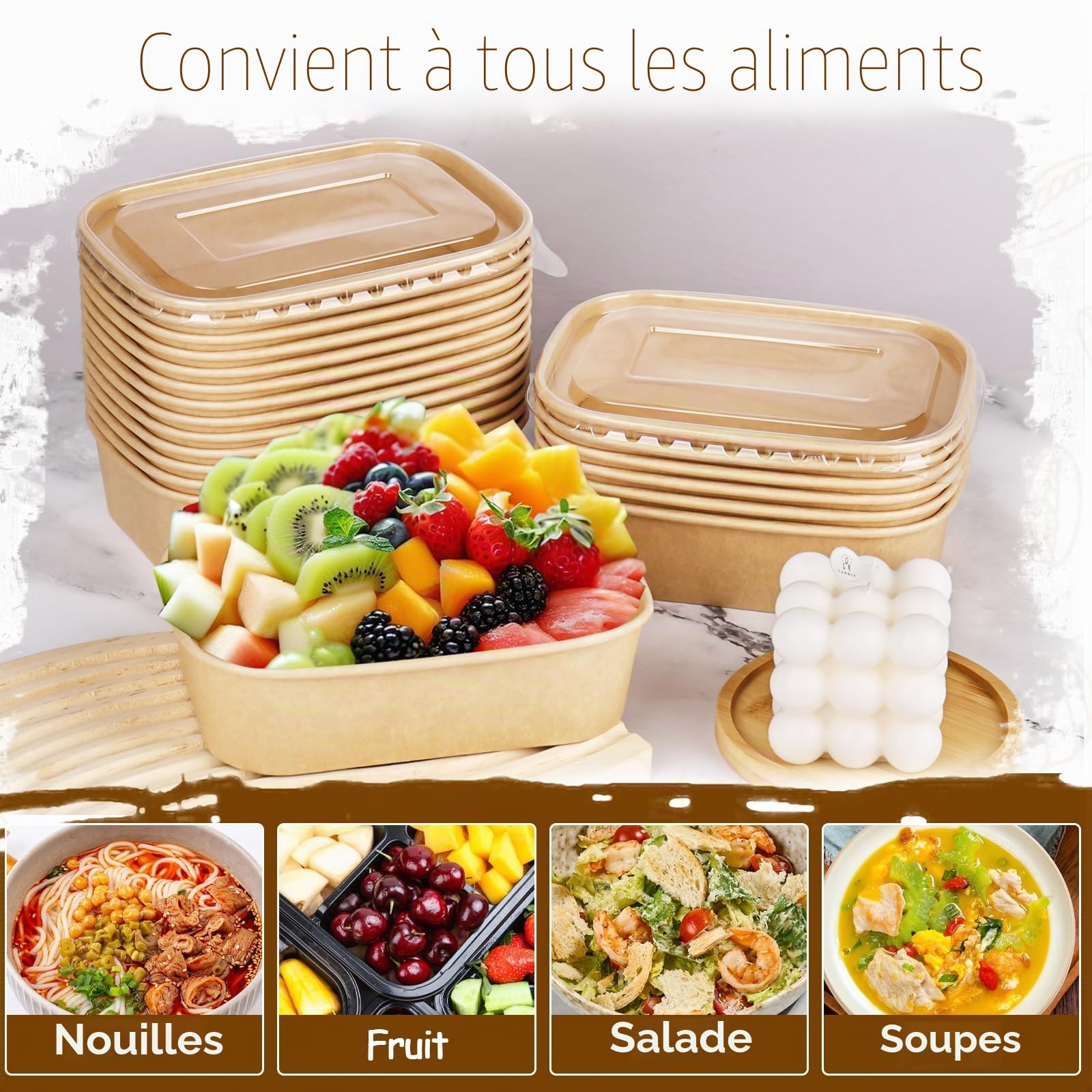 Lot de 25 bols jetables en papier kraft de 500 ml avec couvercle, boîte en papier à emporter, résistant à l'eau et à l'huile, saladier pour le travail, les collations, les soupes