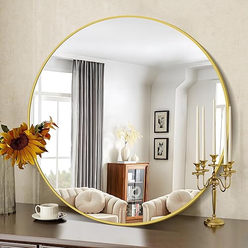 Gold Round Mirror, 42 Inch Wall Mounted Round Mirror, Aluminum Alloy Metal Frame Wall Mirror, Round Bathroom Mirror, Round Mirror for Bathroom, Entryway, Living Room, Large Mirror for Over Sink