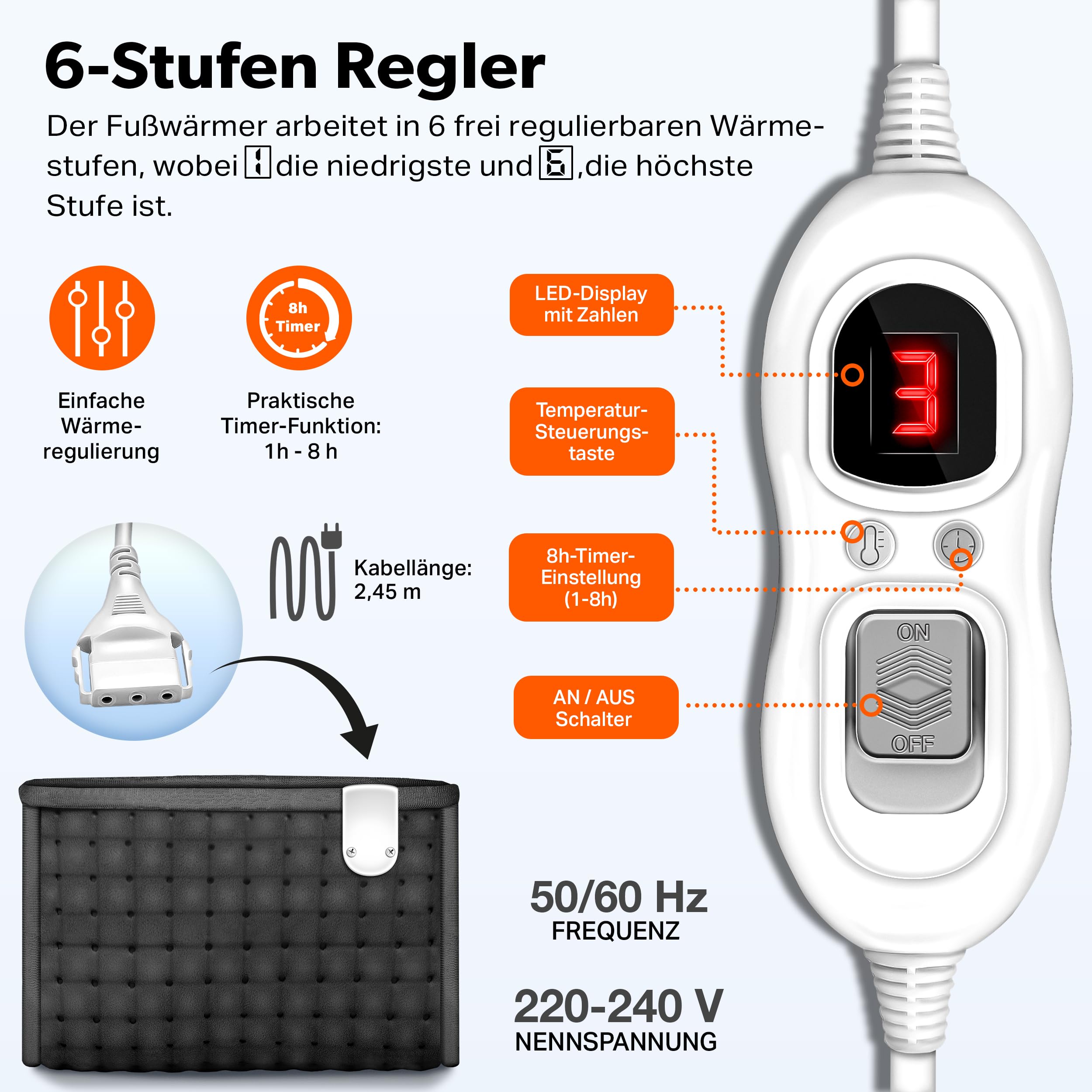 sinnlein Fußwärmer mit 6 Temperaturstufen & Timer | Fußheizung elektrisch | Überhitzungsschutz & Abschaltautomatik