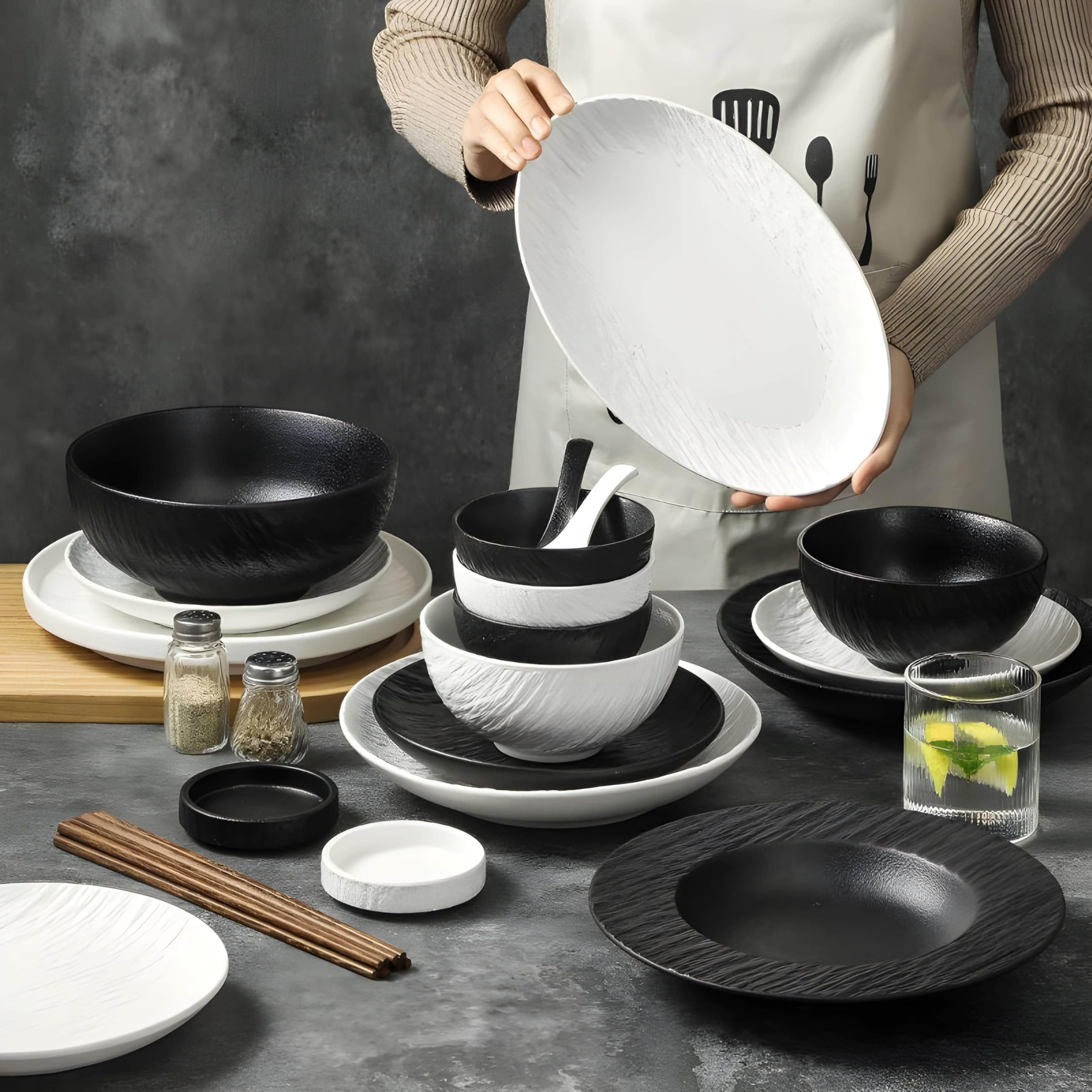 Service De Table en Grès Et Porcelaine, Vaisselle Céramique Style Rock, Design Simple Et Élégant, Formes Variées, Compatible Micro-Ondes Et Lave-Vaisselle (16 Sets Mixed Color)