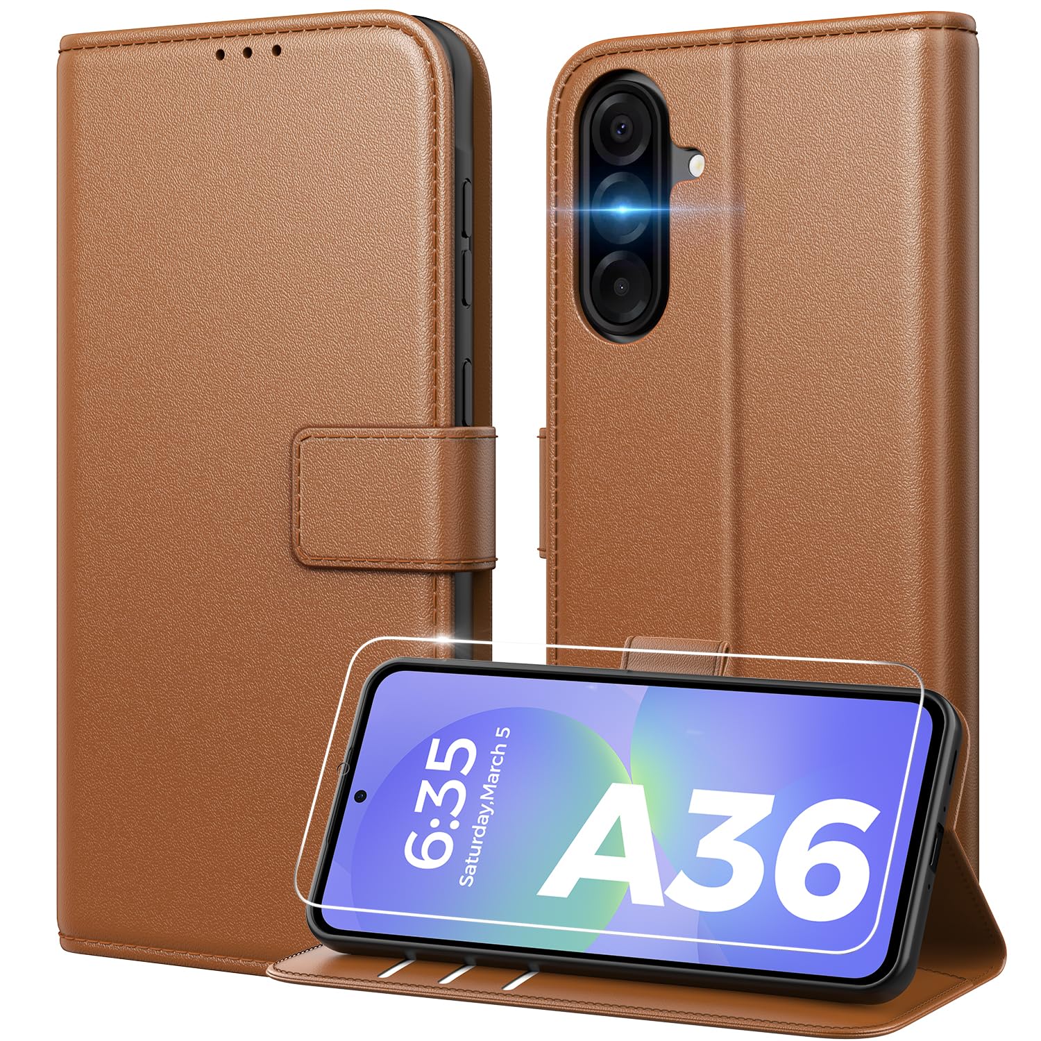 Peakally Handyhülle für Samsung Galaxy A36 5G Hülle [Mit 1 Stück Panzer Schutz Glas] [Premium PU Leder] [RFID-Blockierung] [Kartenfach] Klapphülle kompatibel mit Galaxy A36 5G / A36 4G - Braun