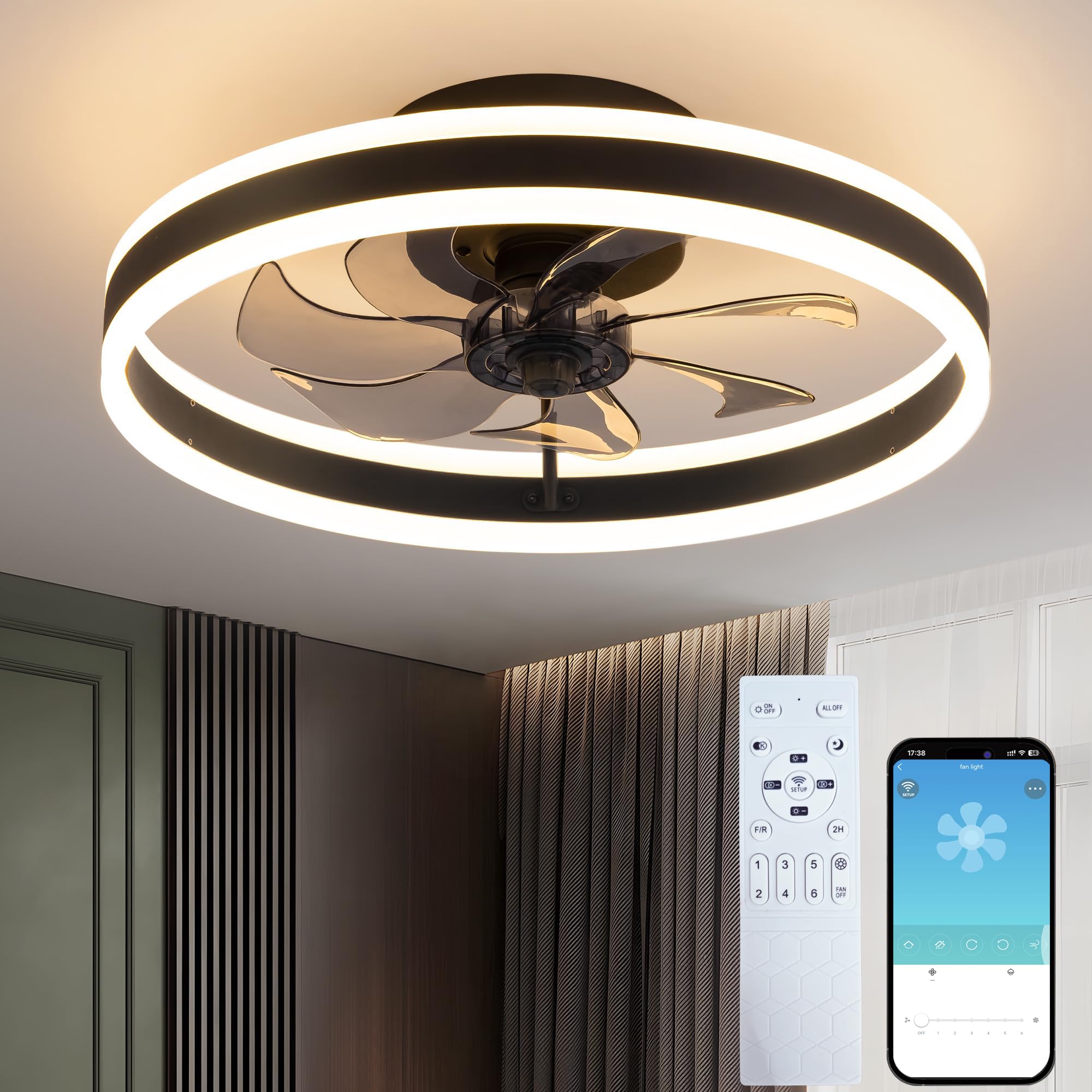 Seyxicnor 50CM Ceiling Fans with Lights and Remote,5500lm 3-Colour Dimmable 1020 RPM 6-Speed Reversible Adjustable, Smart Quiet LED Fan Light, Modern Fan Lights Ceiling for Bedroom Living Room, Black