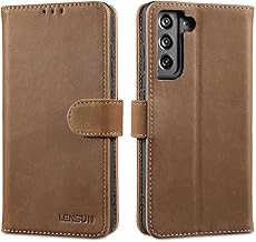 LENSUN Leather Case for Samsung Galaxy S21 FE, Genuine Leather Mobile Phone Case [Genuine Leather] [RFID Protection] Foldable Mobile Phone Case for Galaxy S21 FE 5G - Vintage Dark Brown