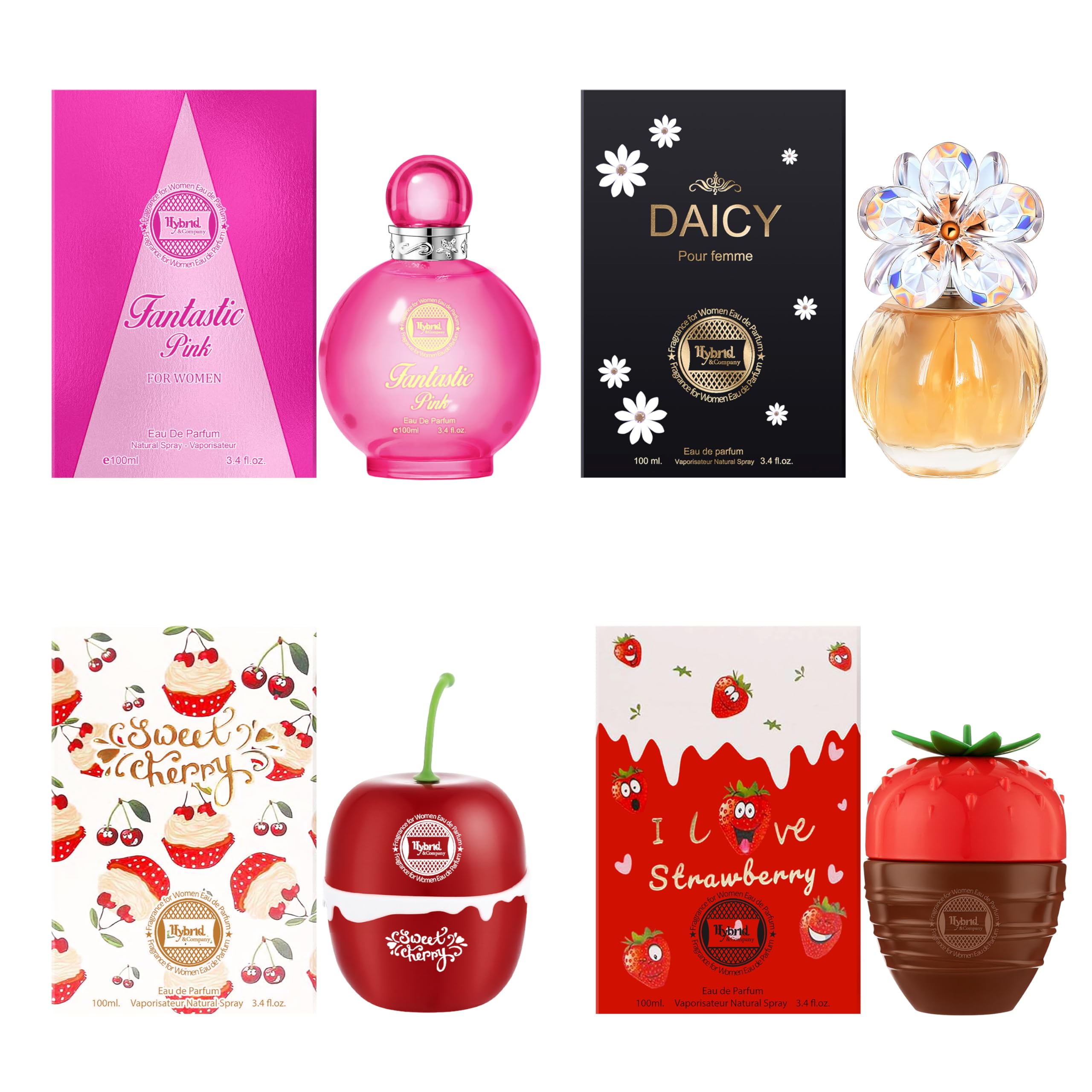 Hybrid & Company Women's 4 Pcs Daicy Fantastic Pink I Love Strawberry Sweet Cherry Perfume Natural Spray Fresh Fragrance