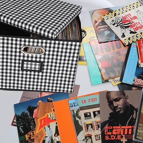 Miniatura 9 de Cajas de almacenamiento de discos de vinilo de 12 pulgadas con tapas y asas, elegante y práctico organizador de discos LP para más de 100 discos