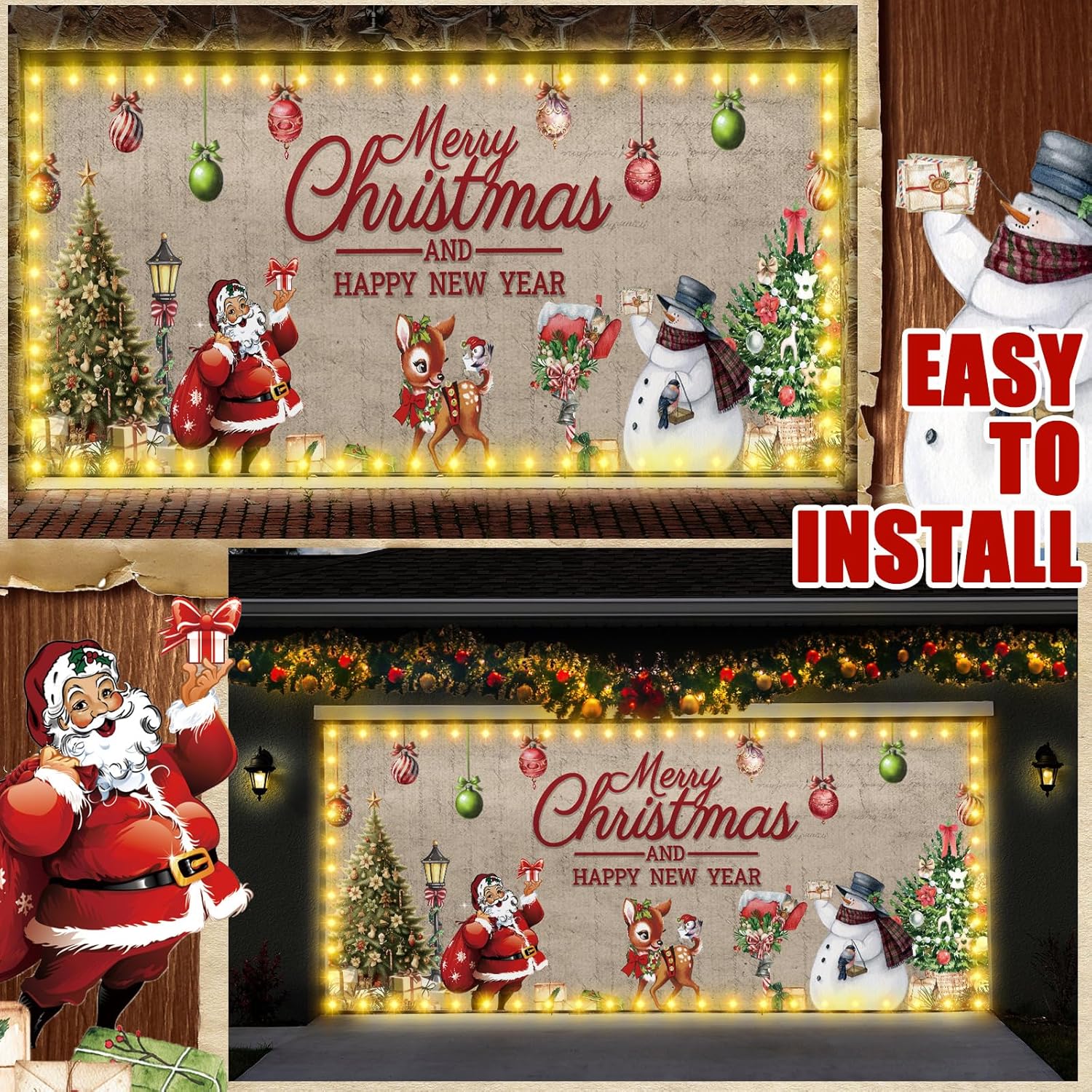 Ganeen 6.4x16 ft LED 2026 Christmas Garage Door Banner String Light Large Rustic Xmas Garage Door Decorations Xmas Banner Cover Backdrop Holiday Cover Decoration(Vintange Santa)