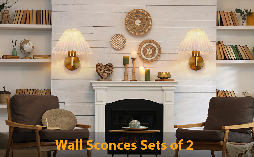 Image of Gold Wall Sconces Sets of 2, Indoor Wall Light Fixtures with Fabric Lampshade, Pleated Fabric Wall Lamp Dresser Hardwired Lamp Wall Lighting Fixture for Bedroom Living Room Porch Dining Room